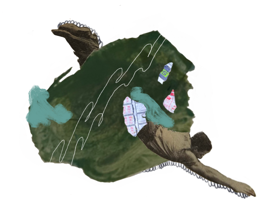 A person appears to be emerging from a large green object with various smaller objects and abstract shapes around them.