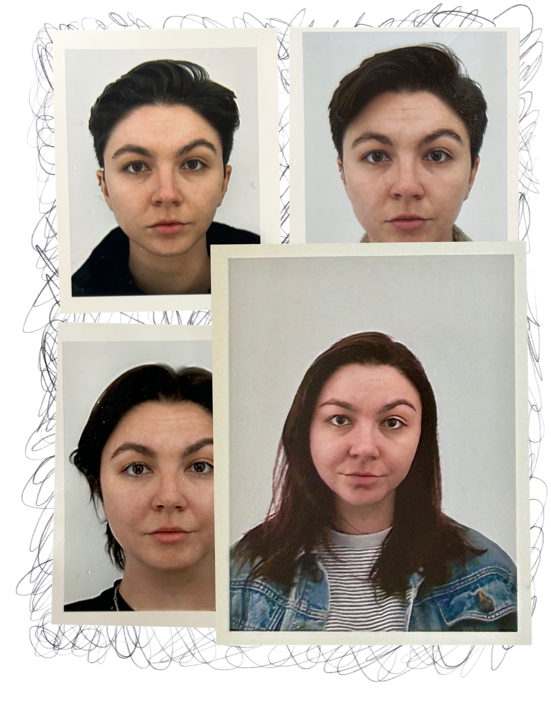 Collage of four individual portrait photos of the same person with different hairstyles and clothing, arranged in a grid.