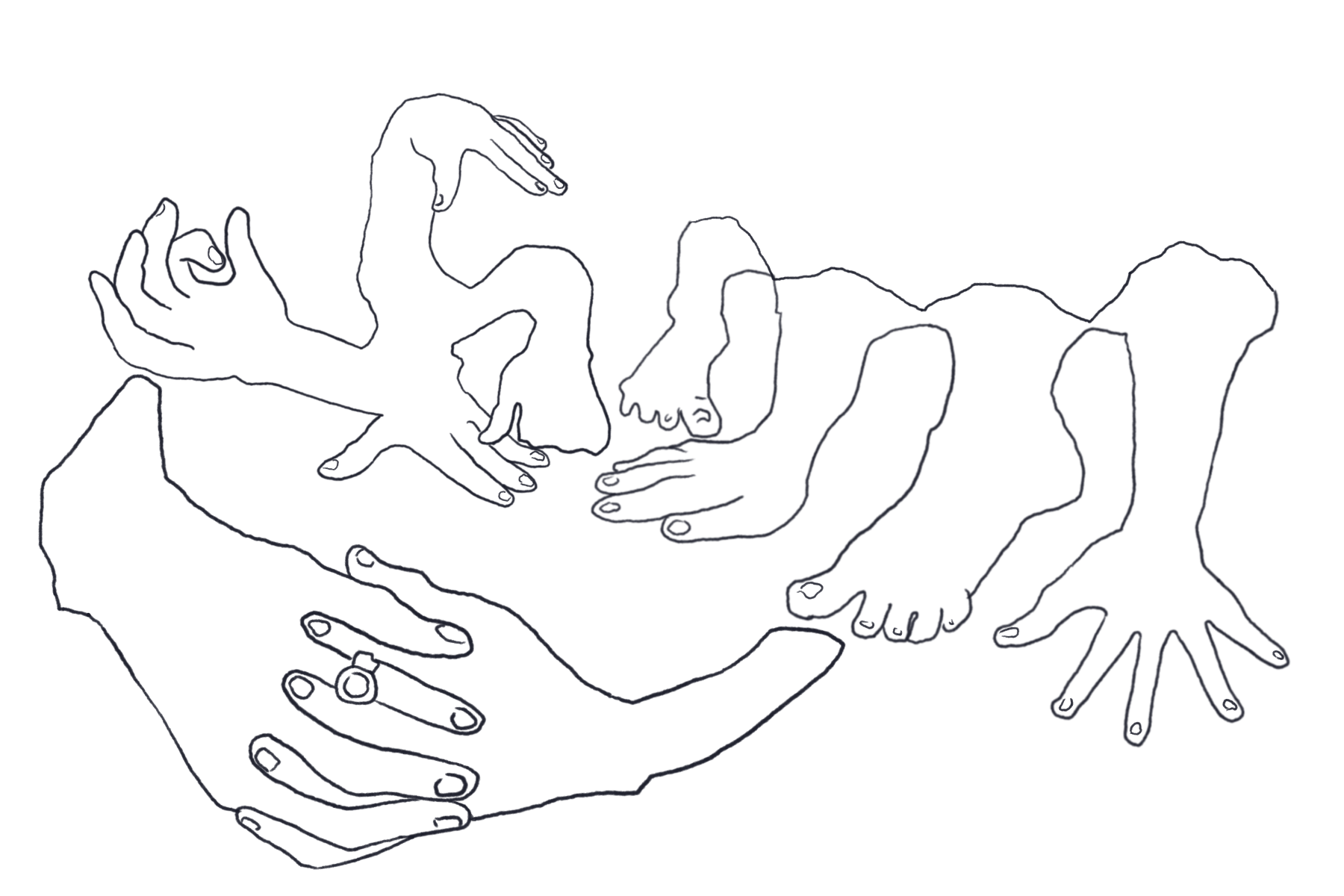 A line drawing of hands and feet of multiple people intertwined.