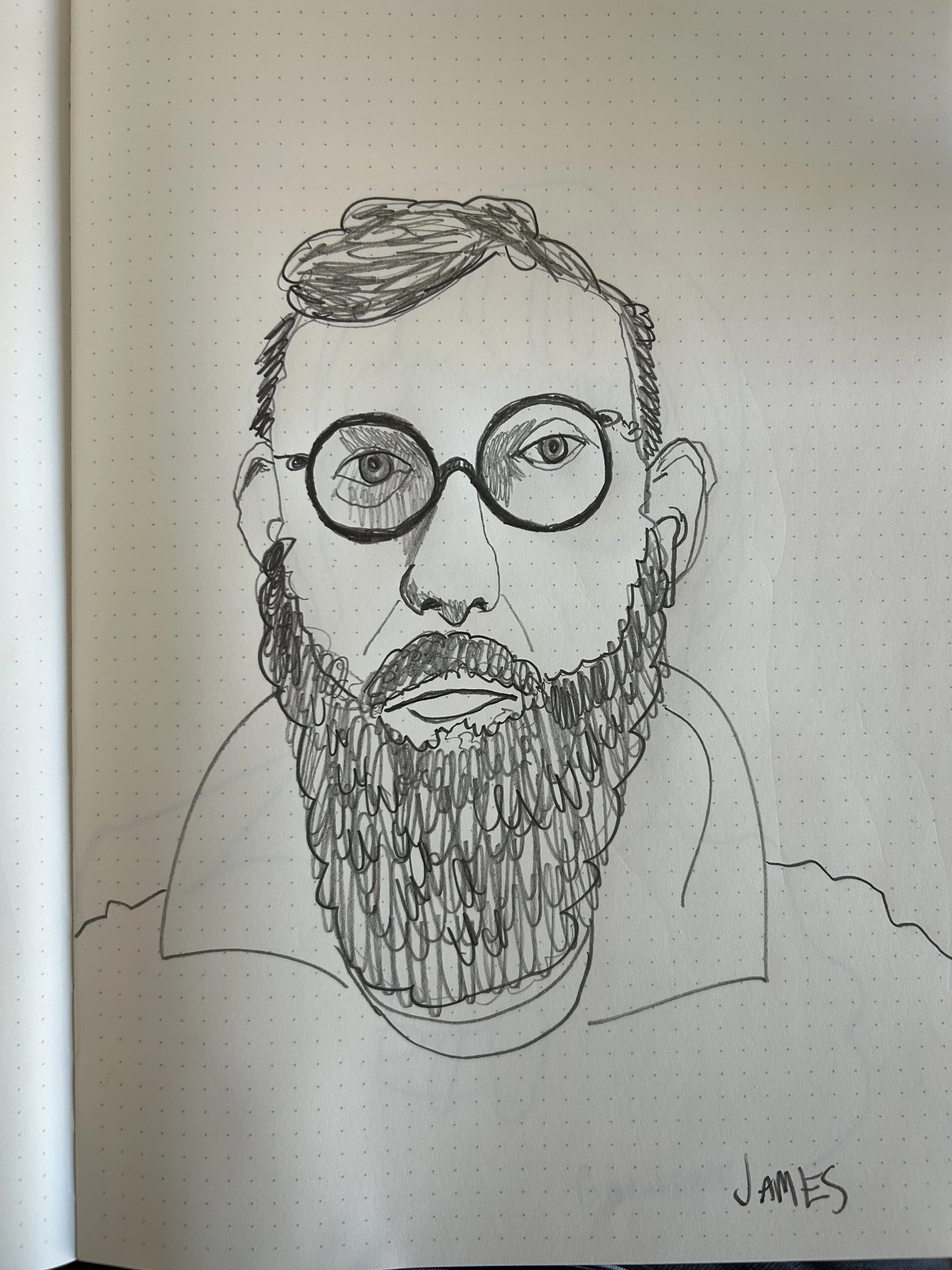 A hand-drawn black and white portrait of a person with glasses and a beard, signed with the name 'James'.