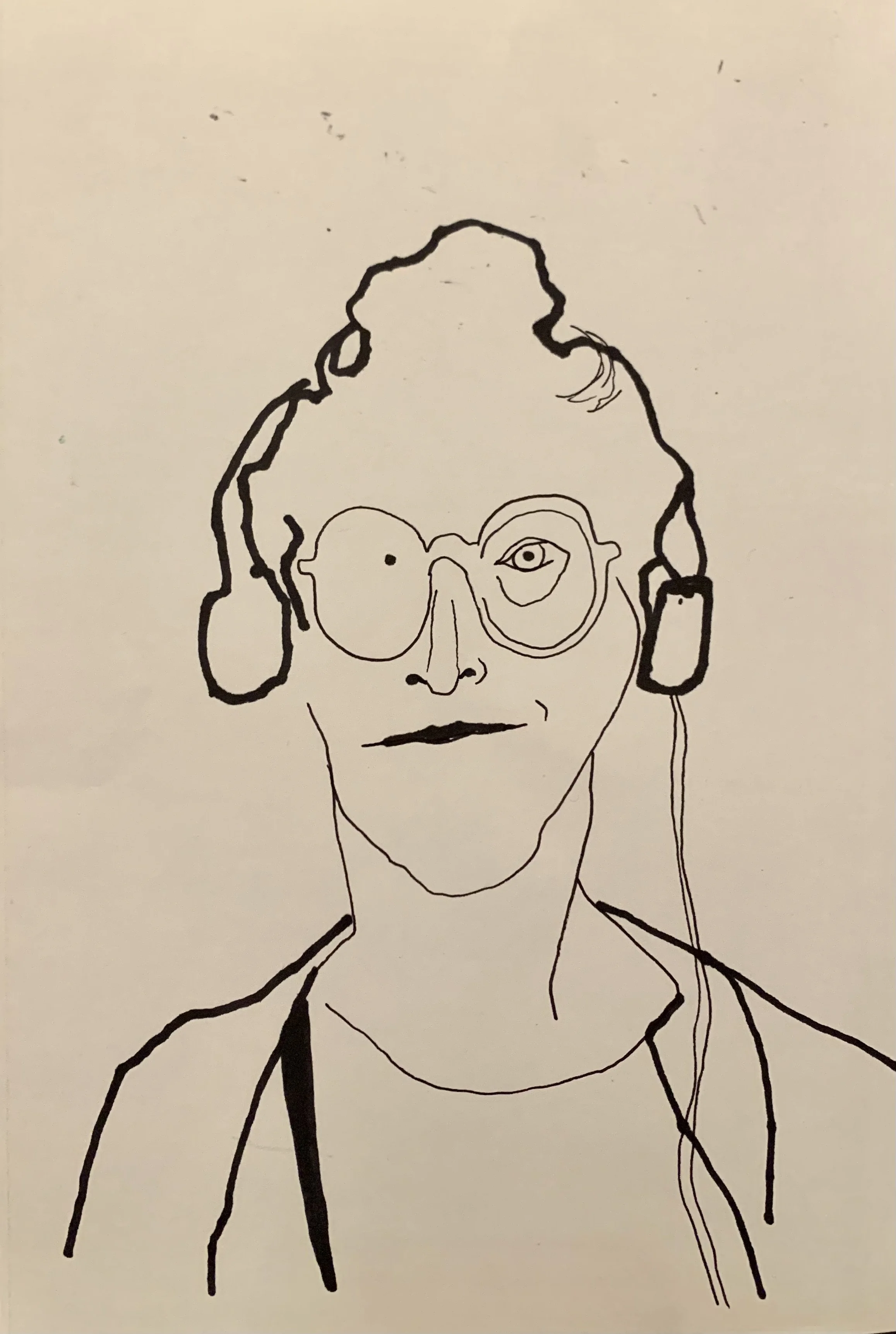 Line drawing of a woman with a bun hairstyle wearing headphones and glasses, with a neutral expression.