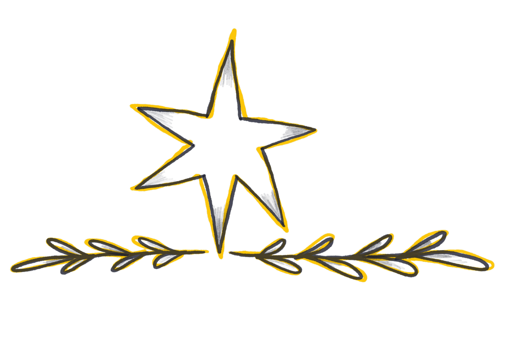 A gold and black star with a gold outline, placed above a gold laurel branch on a black background.