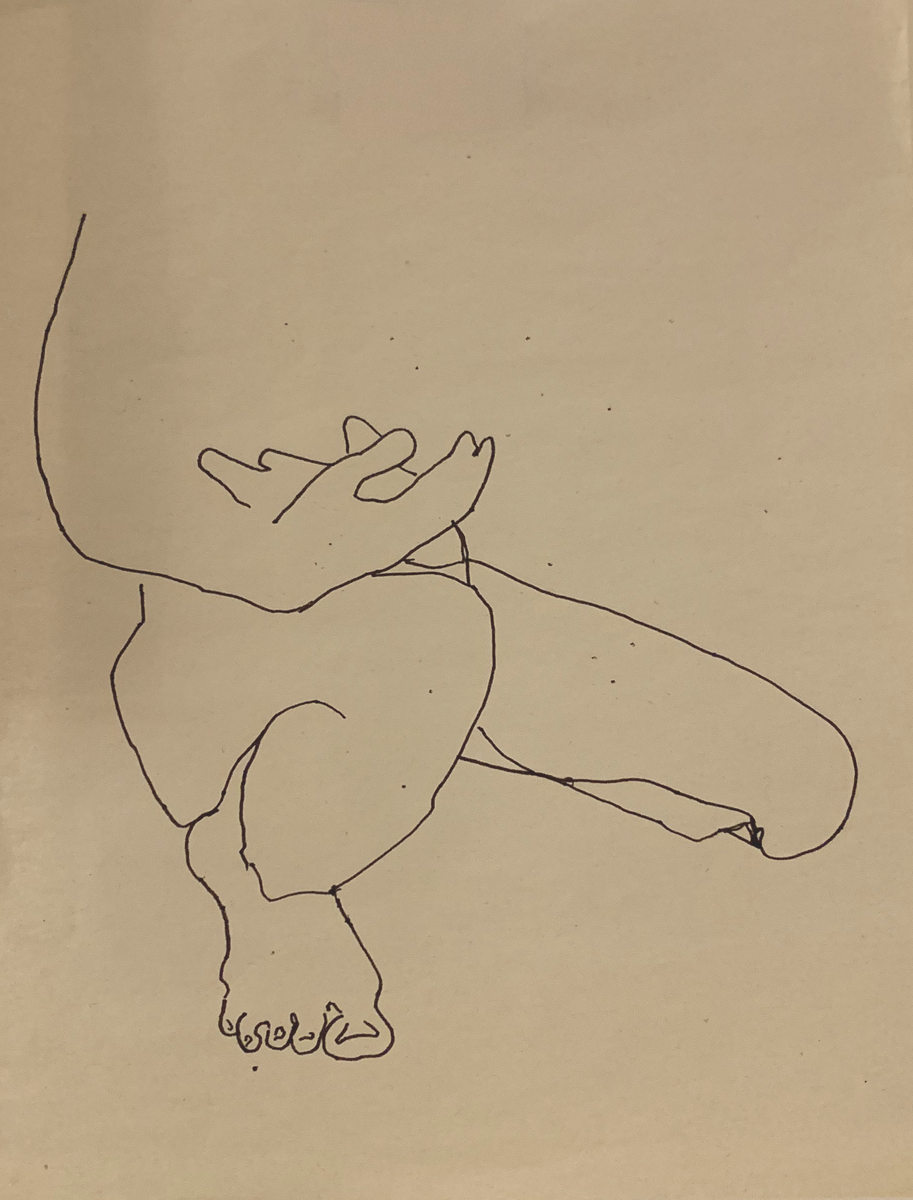 Line drawing of a person perched down, with their arms resting on their legs as if cradling.