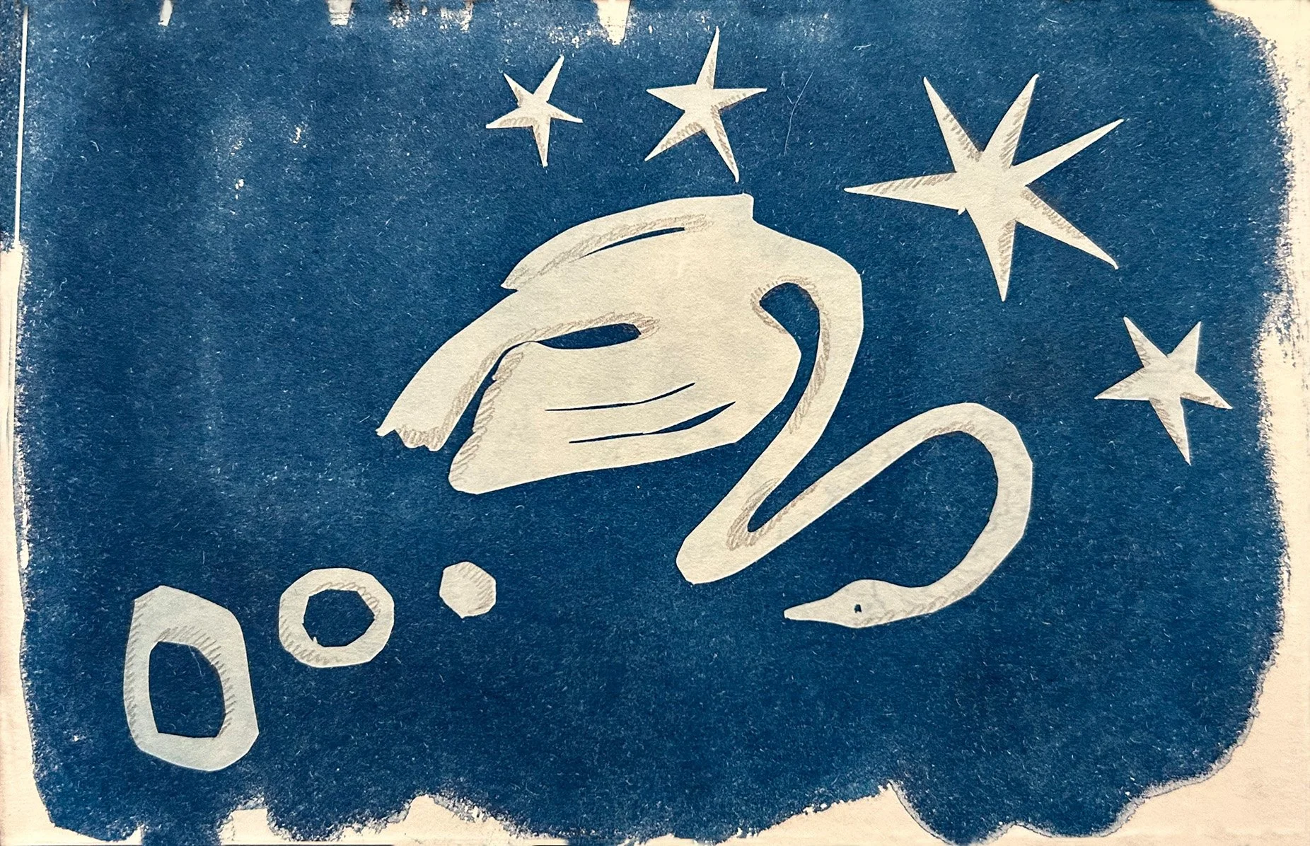 cyanotype print hand cut shapes swan eggs stars