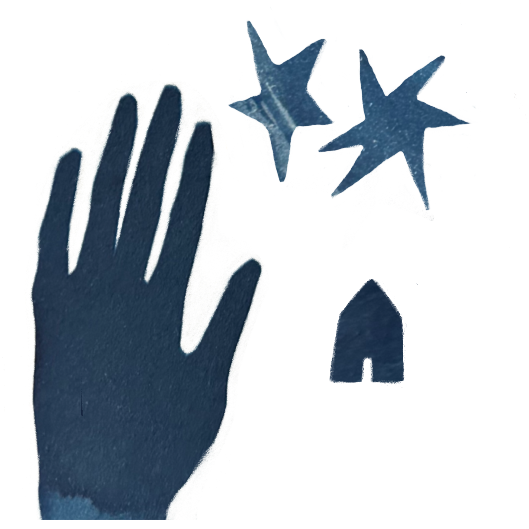Cyantoype reaching hand with stars and a home in the background.