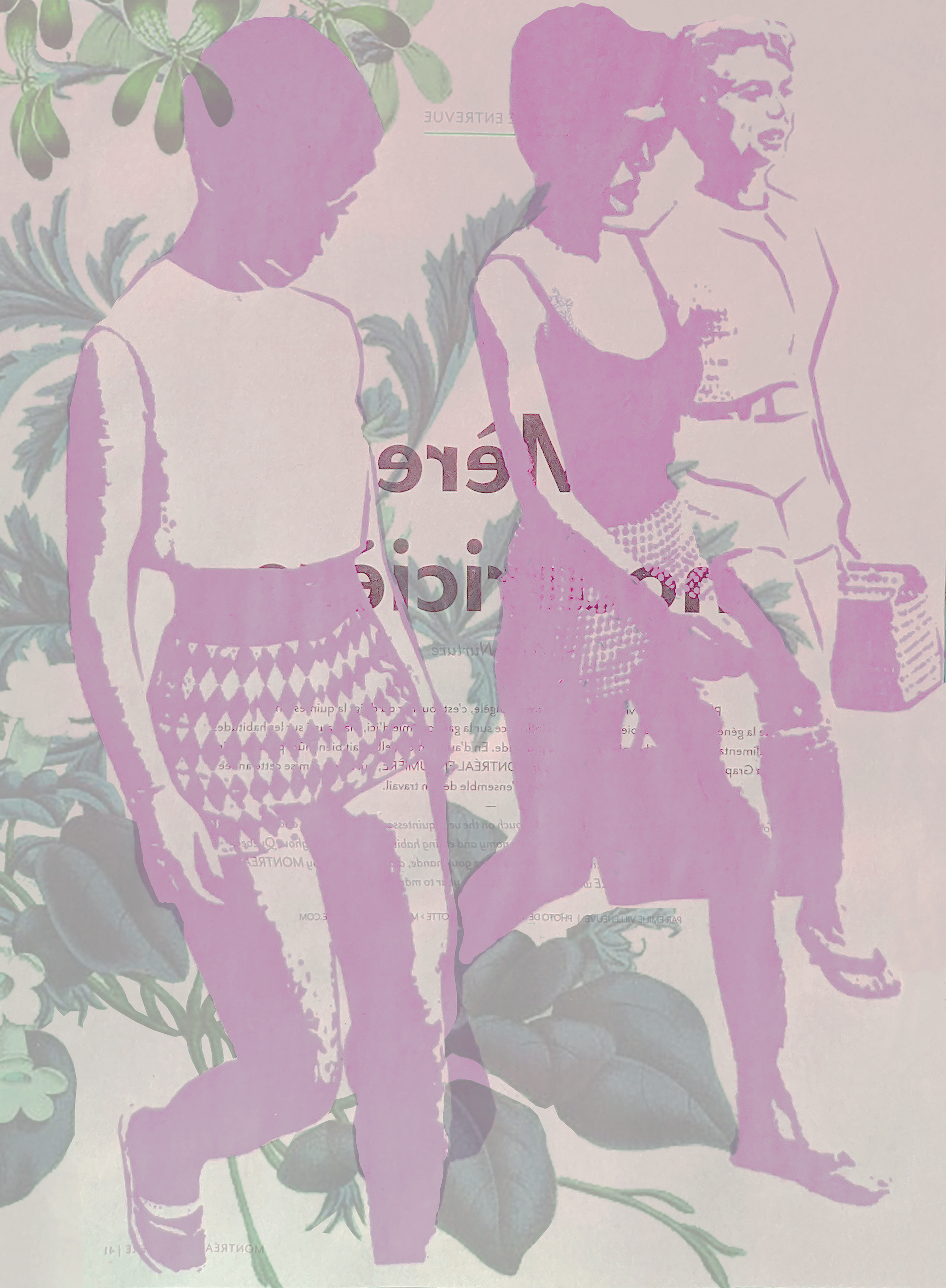 A collage of three women in different poses, with a pink silhouette overlay and green foliage in the background.