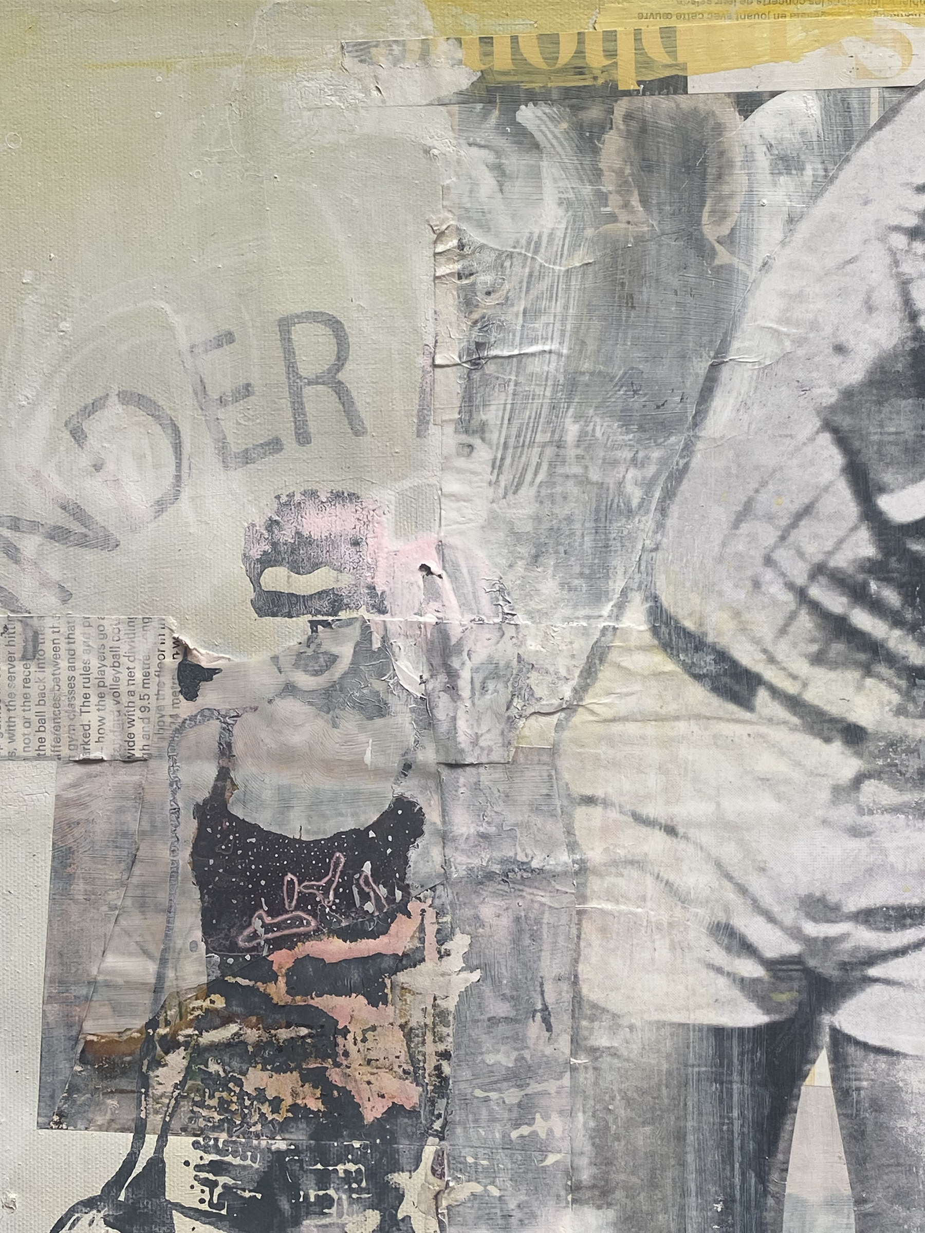 Layered collage of various textured papers, including newspaper clippings, handwritten words, and abstract images in muted colors, creating an artistic mixed media composition.