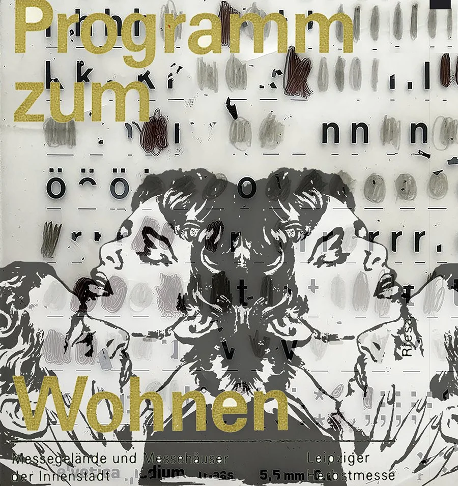 An evocative mixed-media study from the 'Broken English' collection by Goldengen Print. This piece, titled 'Programm zum Wohnen', explores the architecture of an impossible love. Layering vintage German architectural text over the delicate, mirrored 