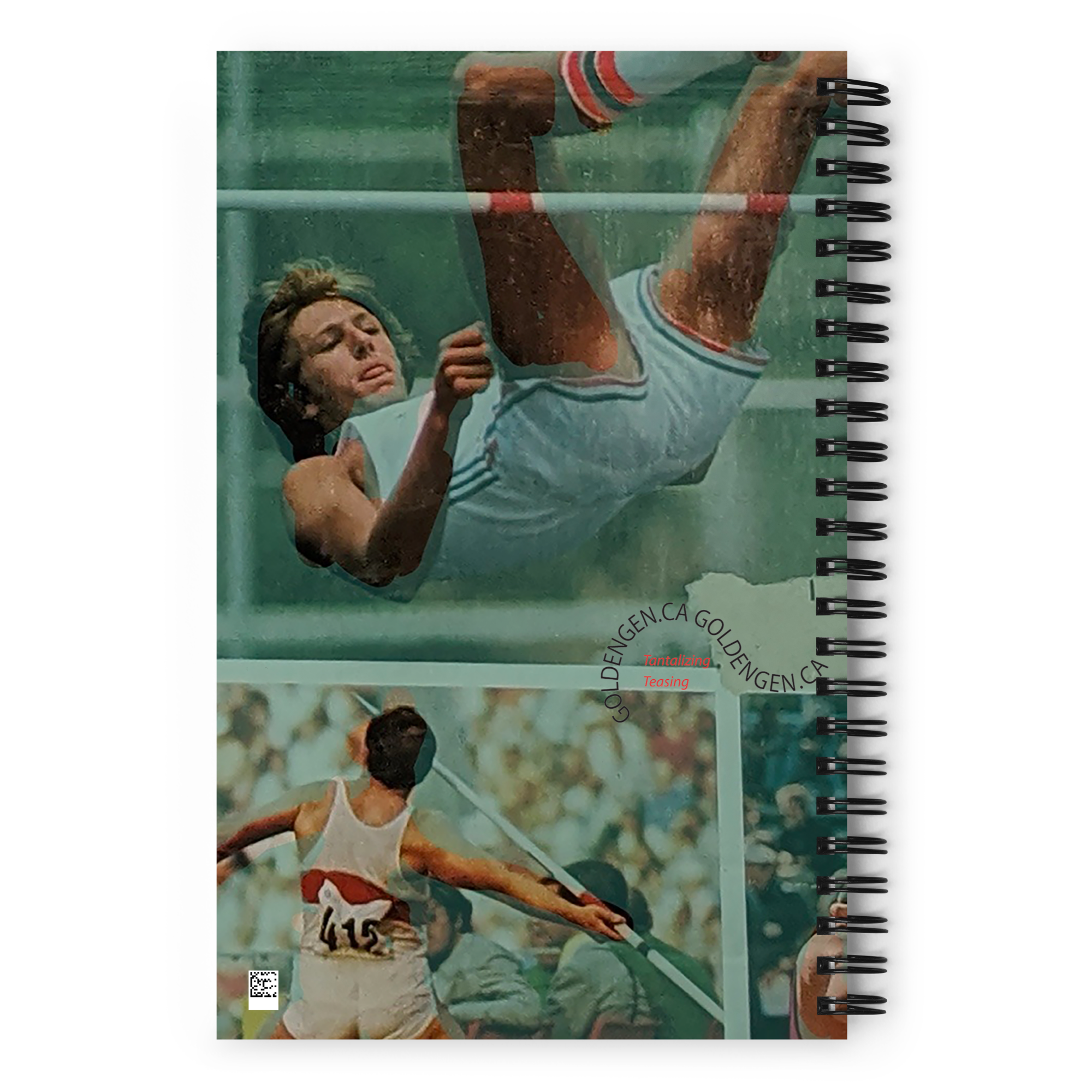 Notebook with a mixed-media collage by Goldengen Print, featuring authentic archival imagery from the 1976 Montreal Olympics.