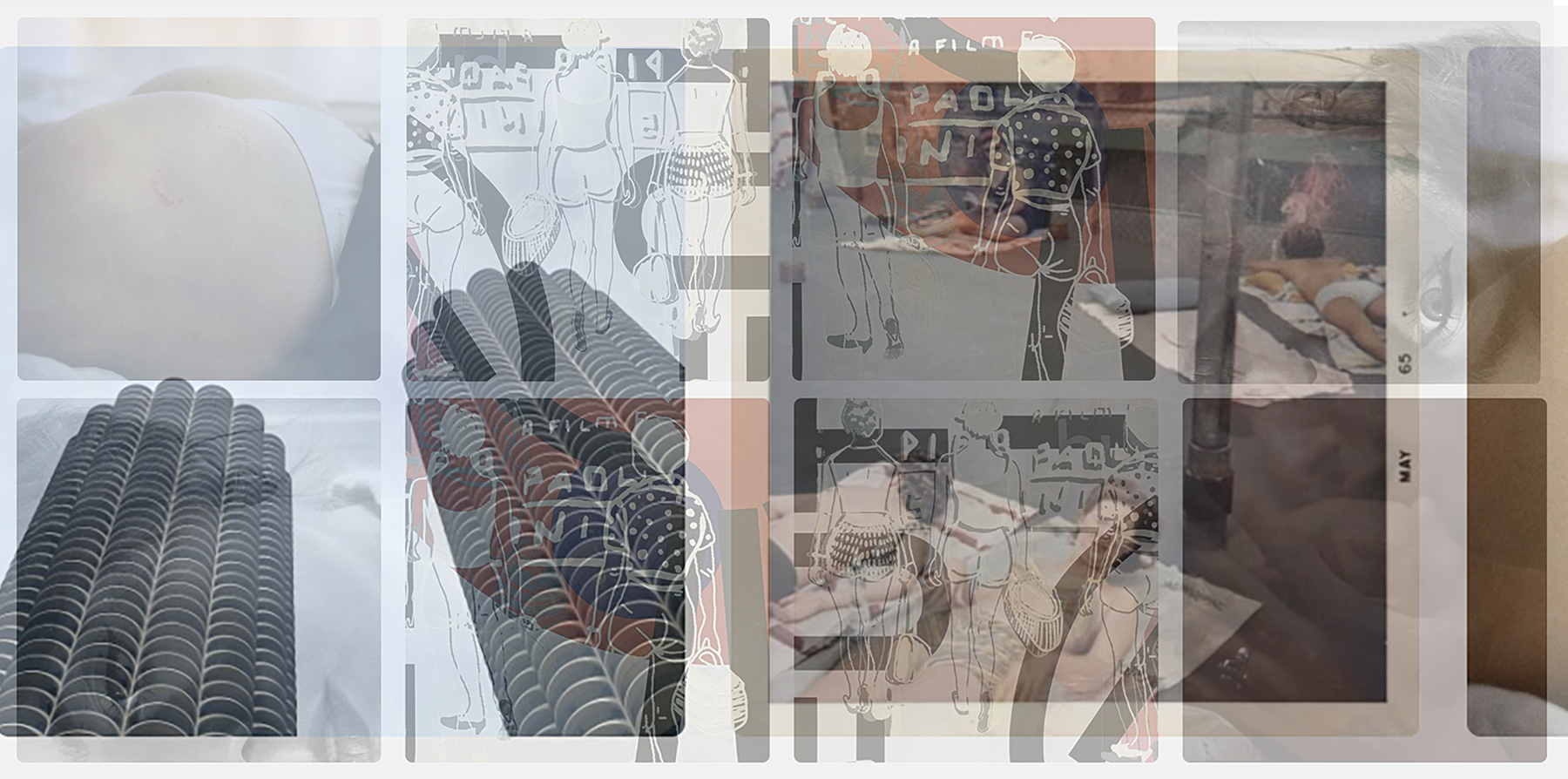 A vibrant and multifaceted mixed-media collage titled 'May 65' by Goldengen Print. This artwork features the iconic Marina City towers of Chicago, layered with vintage fashion sketches, archival photography, and a nostalgic calendar motif. Blending u