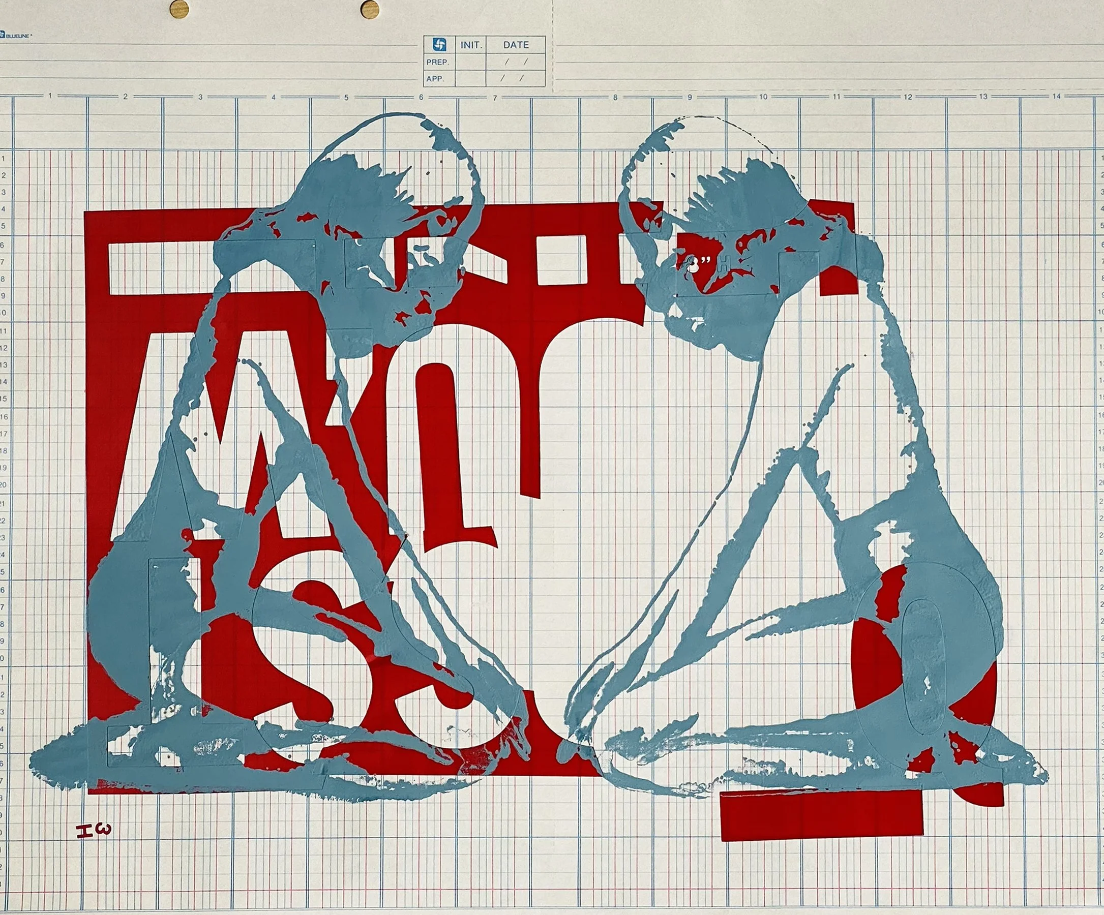 A paper with an outline of the world map in blue and a large red letter 'T' in the background, printed on graph paper.