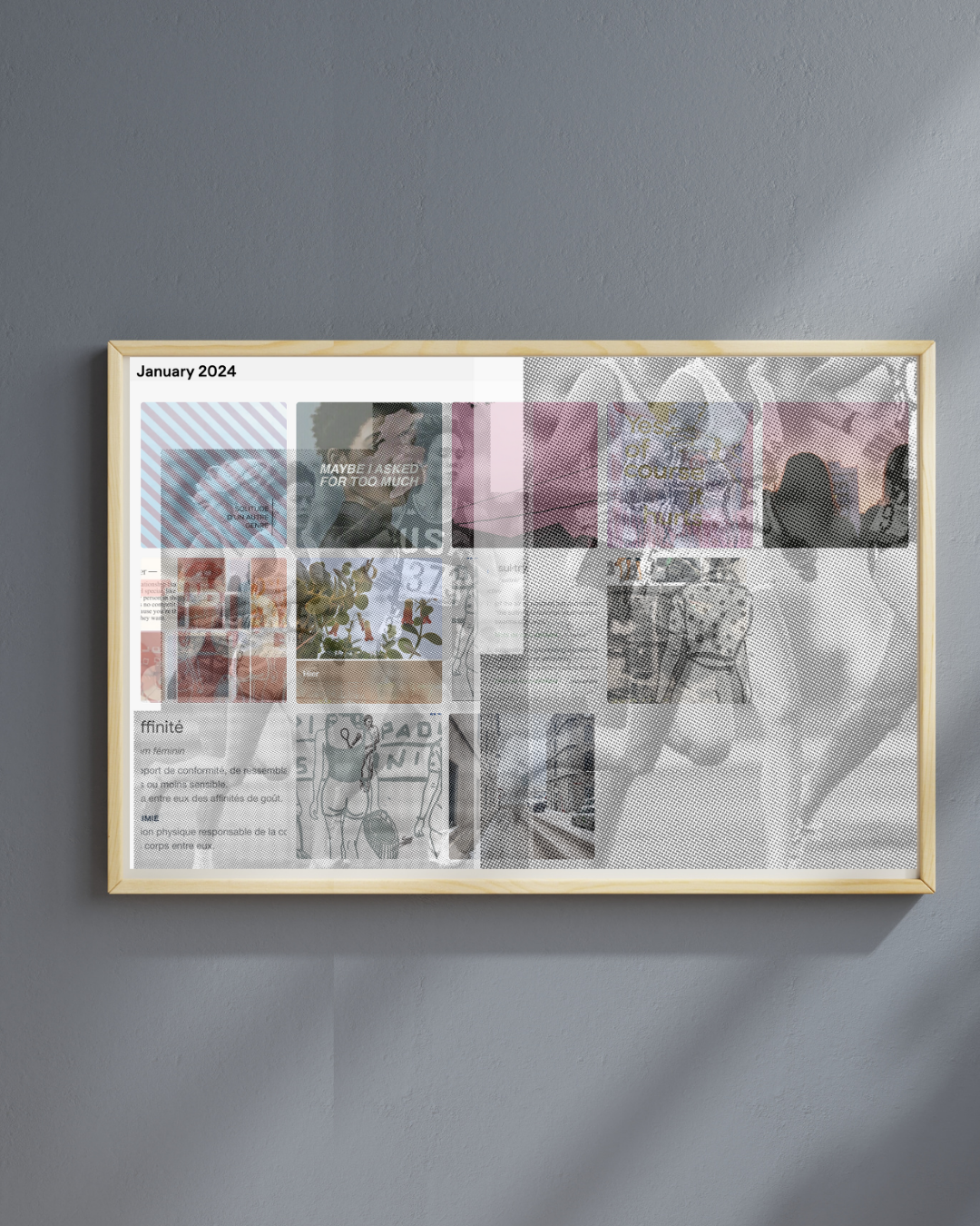 A wall-mounted framed collage of various photographs and images, including text with 'January 2024' and multiple colorful pictures and clippings, some partially obscured, arranged in a grid pattern.