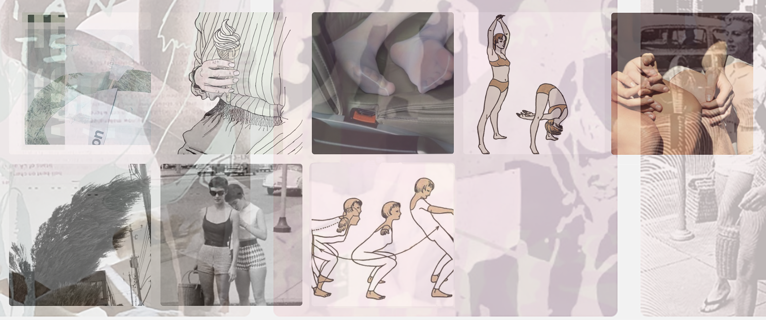 Collage of various images including sketches of women in different poses, people walking outdoors, a close-up of hands holding an ice cream cone, and objects like a bag and a wristwatch.