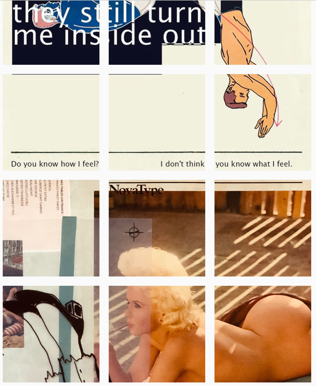 A collage of nine images including collage-style text, illustrations, a woman with blonde hair, and abstract graphics.
