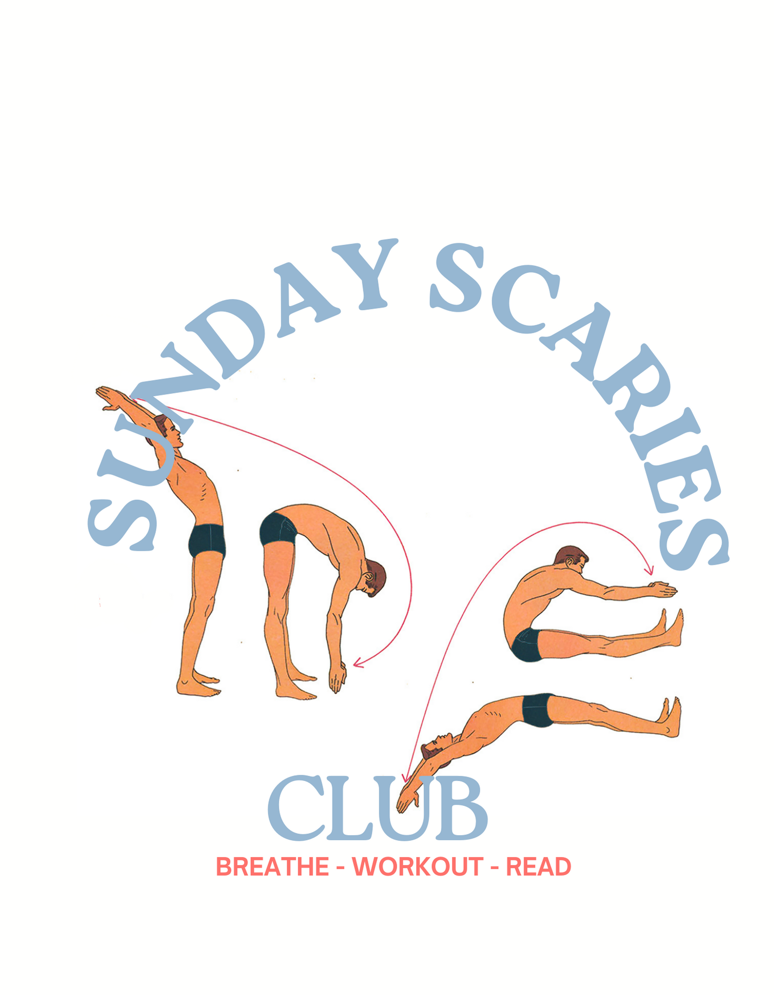 A minimalist and clean graphic illustration from the 'Sunday Scaries Club' series by Goldengen Print. This artwork features a step-by-step guide to stretching and mindfulness, encouraging a ritual of 'Breathe - Workout - Read'. Combining retro instru