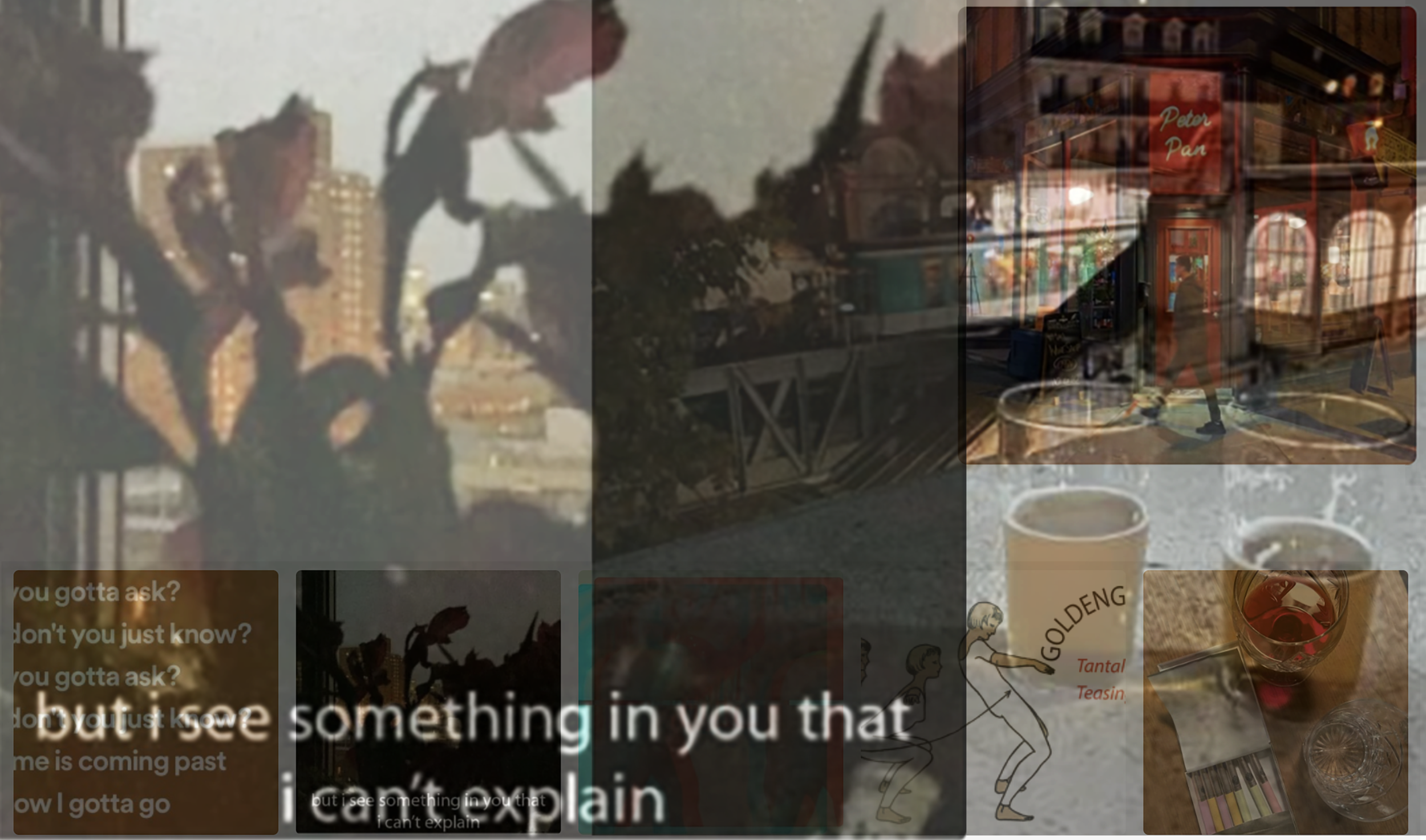 A cinematic and emotive collage from the 'Tantalizing Teasing' collection by Goldengen Print. This multi-layered work blends urban reflections, intimate cafe scenes, and the poignant quote: 'But I see something in you that I can't explain.' It captur