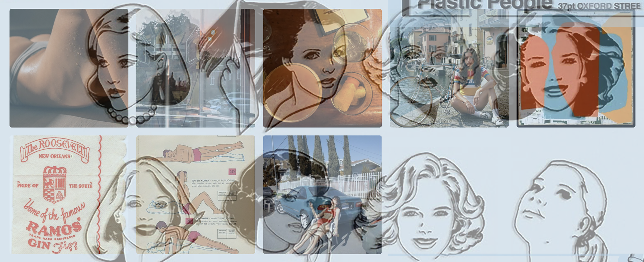 Collage of various pop art images of women, street scenes with bicycles and cars, vintage advertisements, and illustrations of pin-up style women.