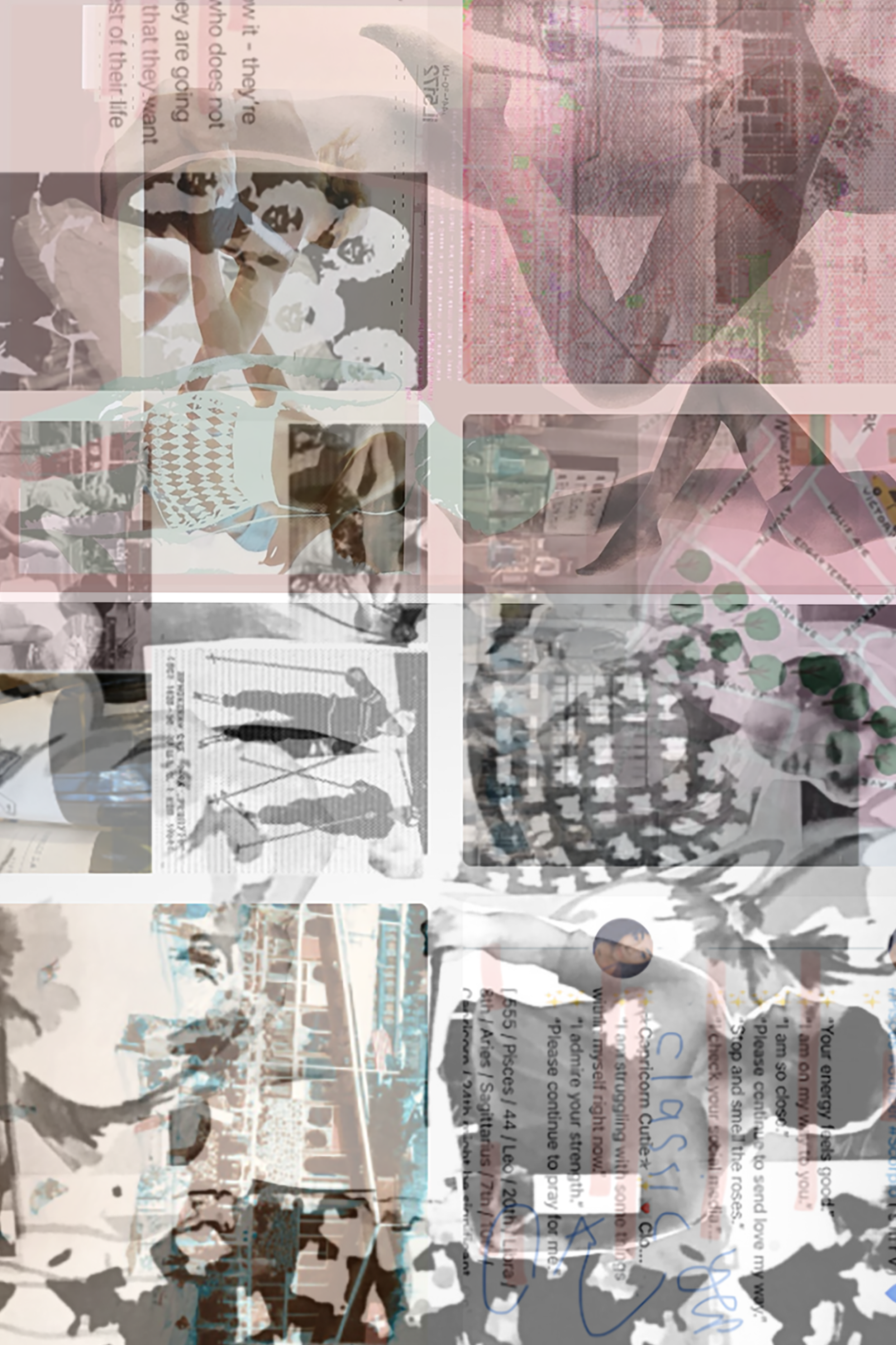 An intricate mixed-media digital collage from the 'Broken English' collection by Goldengen Print. This multi-layered composition weaves together vintage newspaper clippings, fragmented maps, and urban photography in a sophisticated palette of muted p