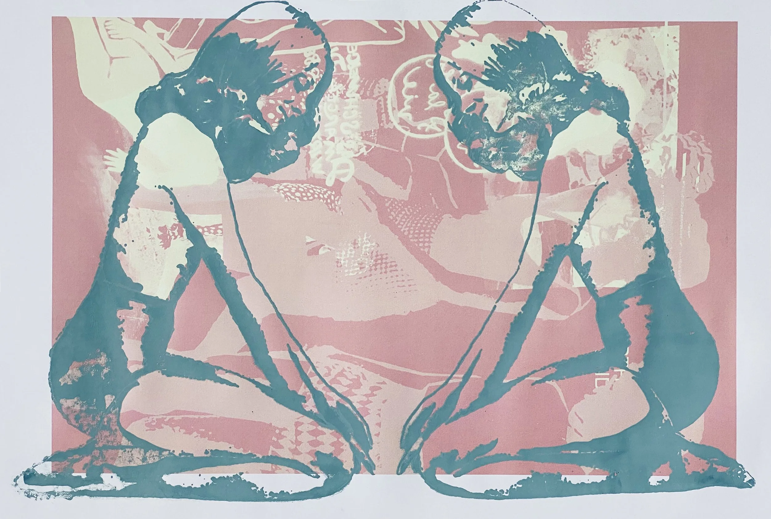 A captivating mixed-media digital artwork from the 'Tantalizing Teasing' collection by Goldengen Print. Featuring two mirrored female silhouettes in a muted gray-blue, this piece plays with transparency and layering against a soft pink textured backg