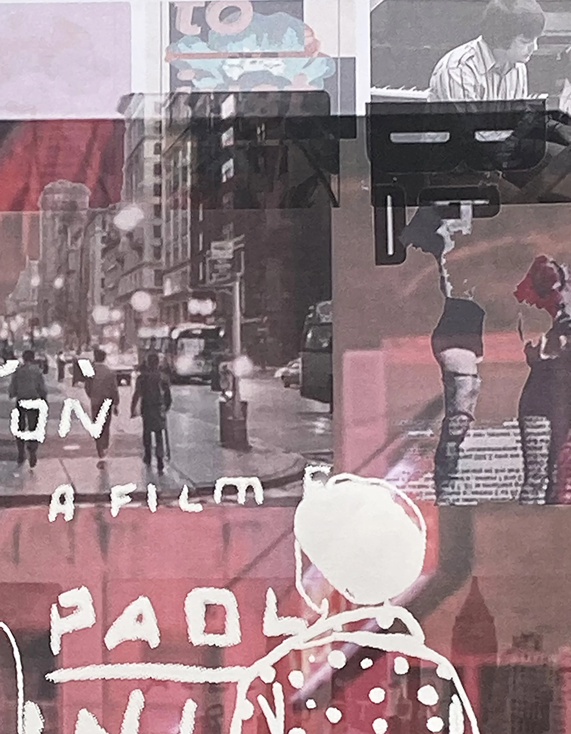 A cinematic mixed-media piece from the 'Broken English' collection by Goldengen Print. This layered composition captures a bustling city street through a reflective surface, blending urban architecture, pedestrian silhouettes, and film-inspired graph