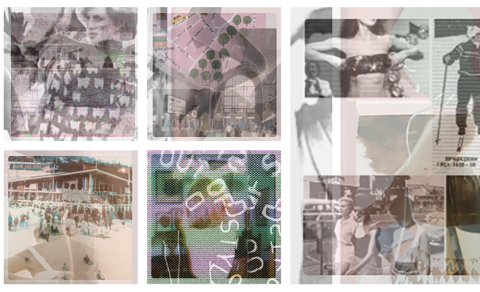 A collage of six overlaid grayscale images featuring cityscapes, people, and signs, with colorful overlays and digital distortion effects.