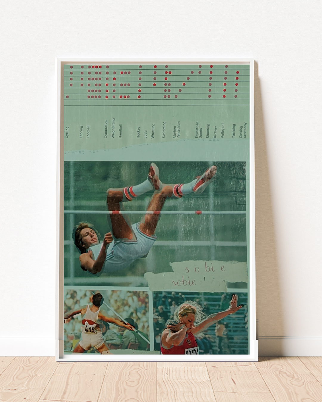 A stunning mixed-media collage by Goldengen Print, featuring authentic archival imagery from the 1976 Montreal Olympics. This piece captures the vintage athletic spirit of the Games, layered with modern textures and graphic elements. A nostalgic yet 