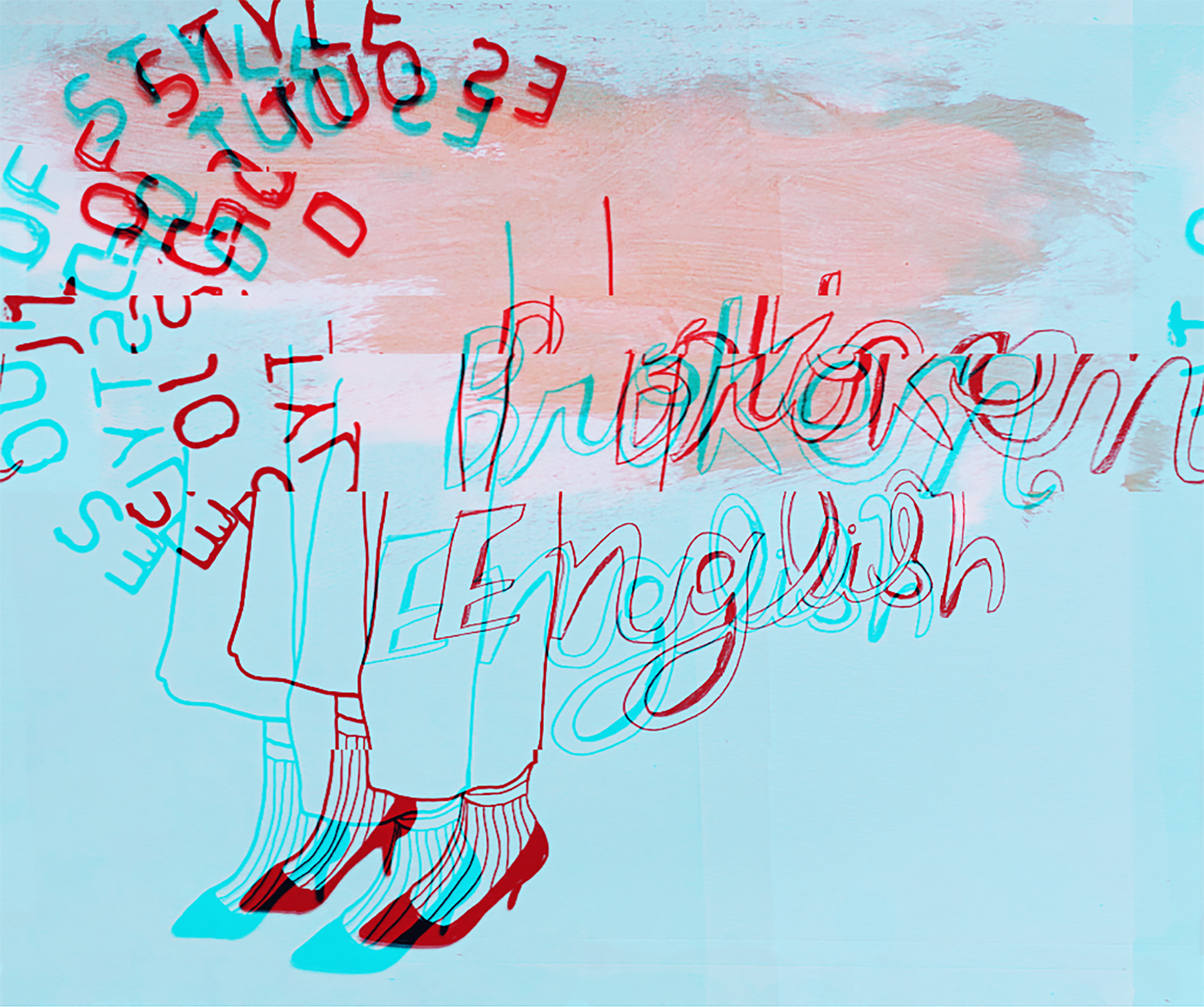 The title piece of the 'Broken English' collection by Goldengen Print. This vibrant mixed-media artwork explores the raw emotions of heartbreak through layered typography, bold red and blue outlines, and nostalgic fashion-inspired sketches. A contemp
