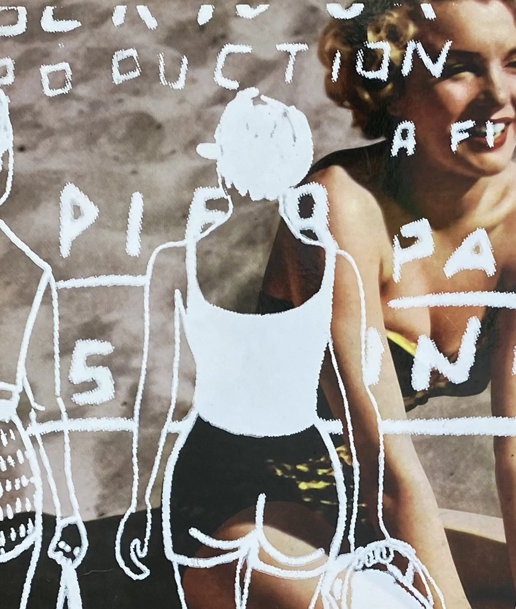 A captivating mixed-media artwork from the 'Summer of Lust' collection by Goldengen Print. This piece features a vintage laminated base of Marilyn Monroe, reimagined with delicate white silkscreen overlays of contemporary female silhouettes. A sophis