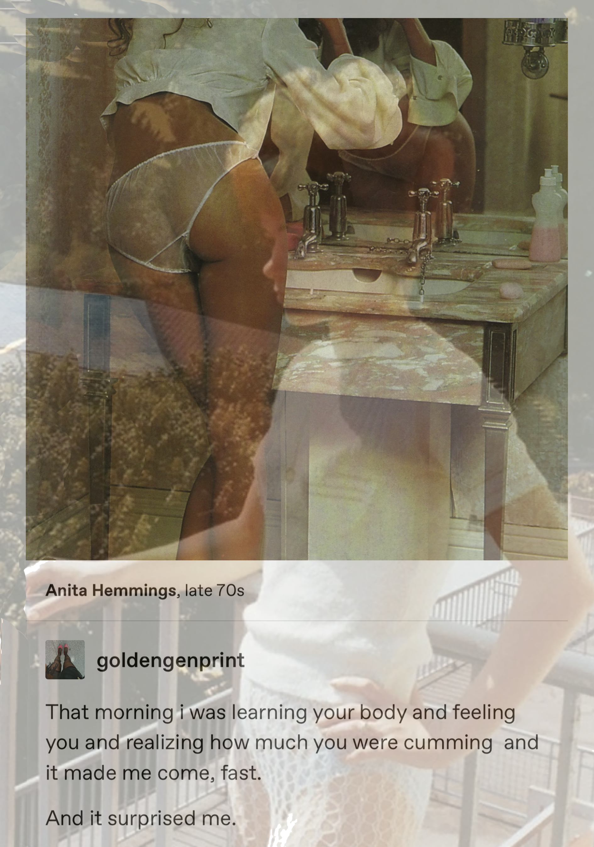 A person in white lingerie standing in front of a mirror, with their back turned, partially visible with long hair. The setting appears to be a bathroom with a marble vanity, soap, and a wall-mounted lamp. The image is superimposed with the text of a