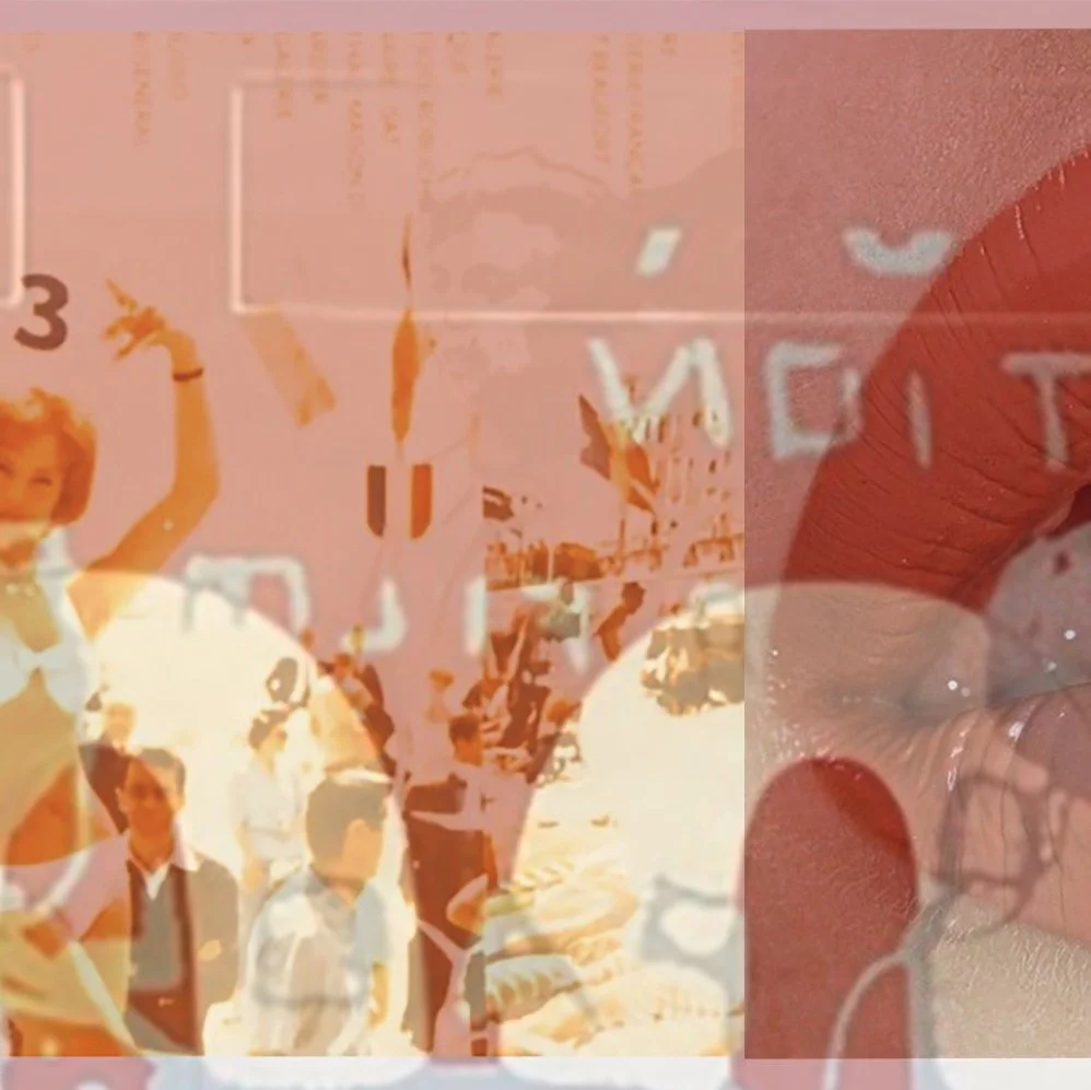 A person holding a red string bracelet, with a semi-transparent background showing children and adults outdoors at a market or festival.