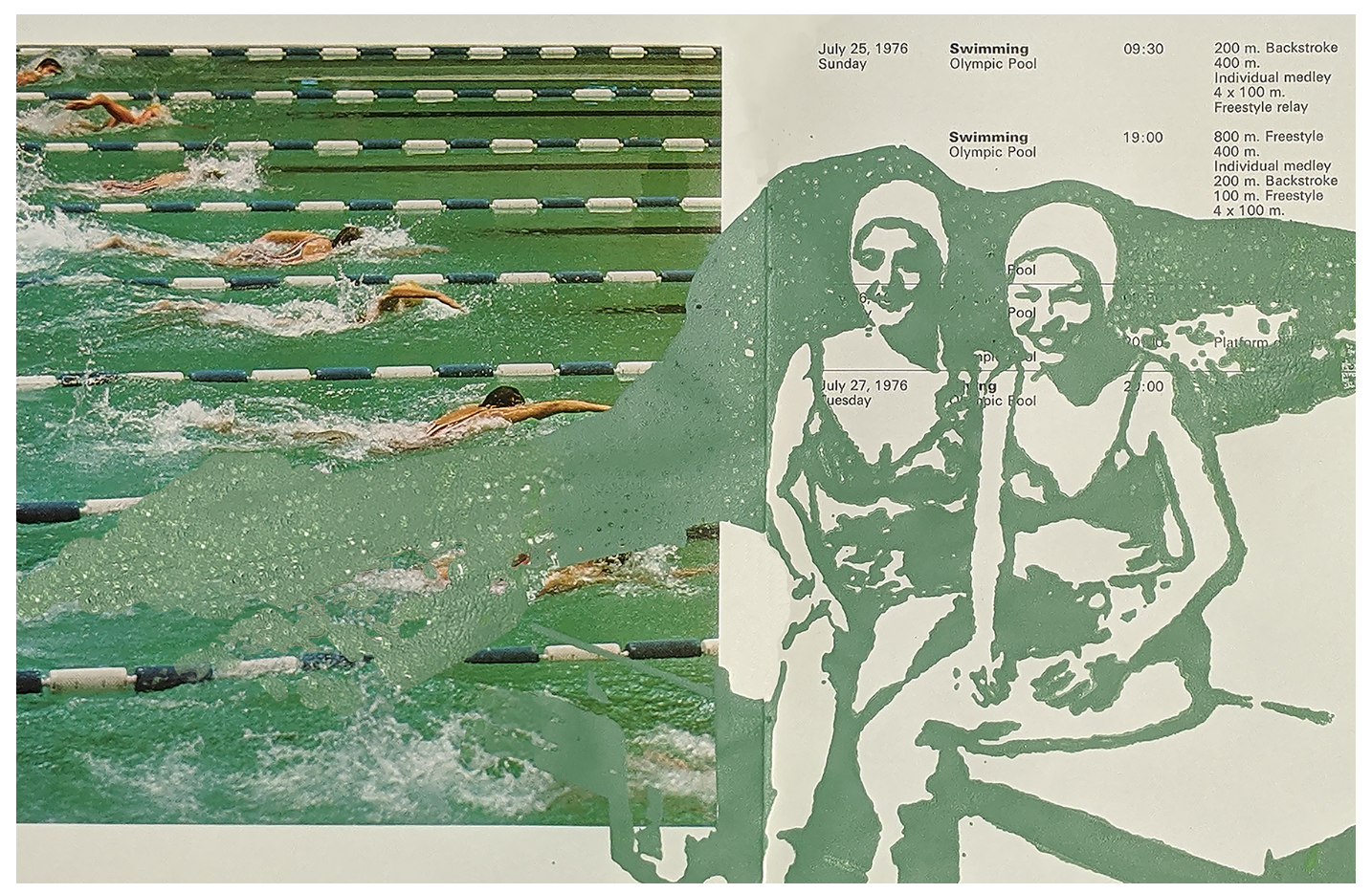 A collage featuring a swimming competition with multiple swimmers performing the front crawl in a pool, and an overlay of a green, minimalistic line drawing of two women sitting on a bench, smiling, with text indicating the date 'July 25, 1976' and s