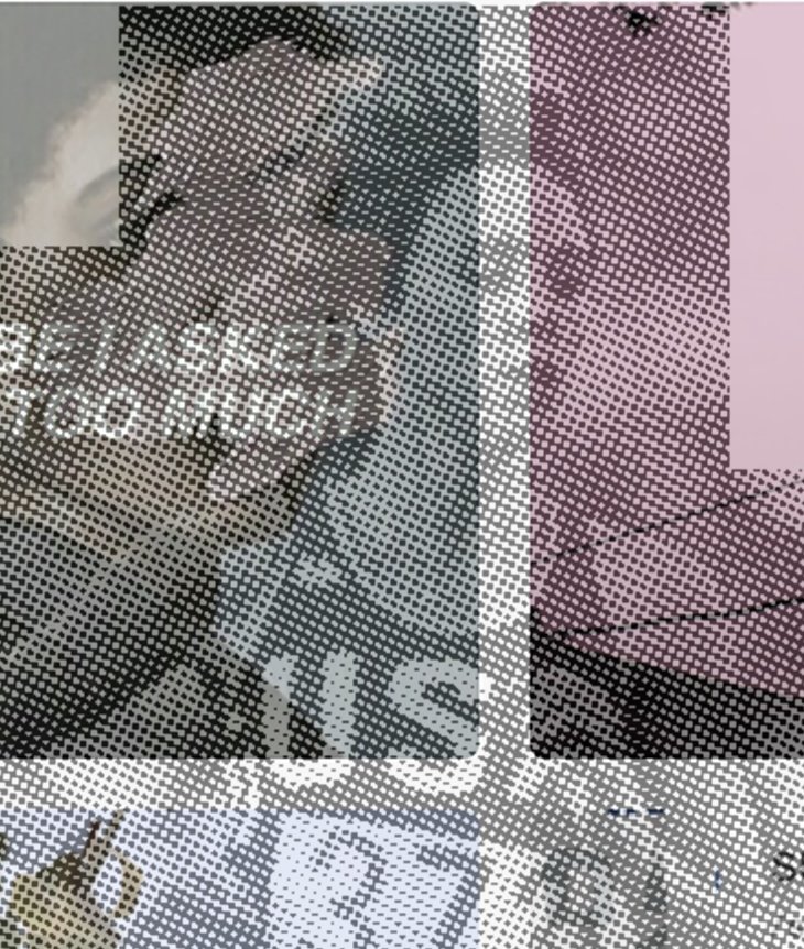A transparent overlay of dotted pattern on a collage of images, including a person touching their face near a poster with text, and other objects faintly visible.