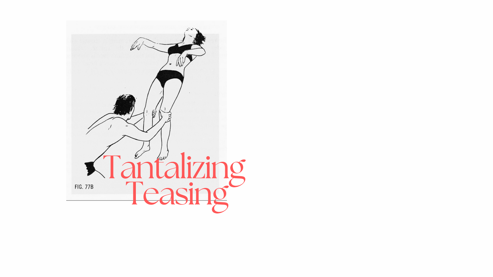 The signature title piece of the 'Tantalizing Teasing' collection by Goldengen Print. This vintage-inspired mixed-media illustration features a dynamic black-and-white silhouette of a man lifting a woman, accented by bold red typography. Blending nos