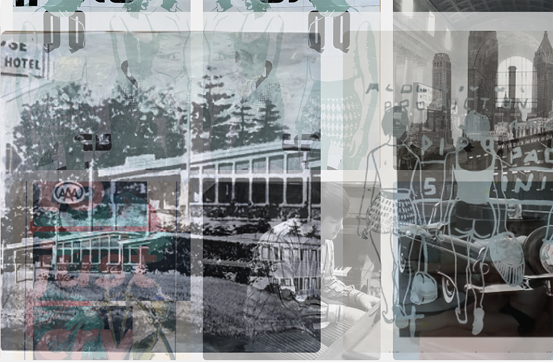 A collage of multiple images, including children playing and sitting with a shopping cart, and various cityscapes with buildings and signs, overlapped with abstract and illustrative elements.