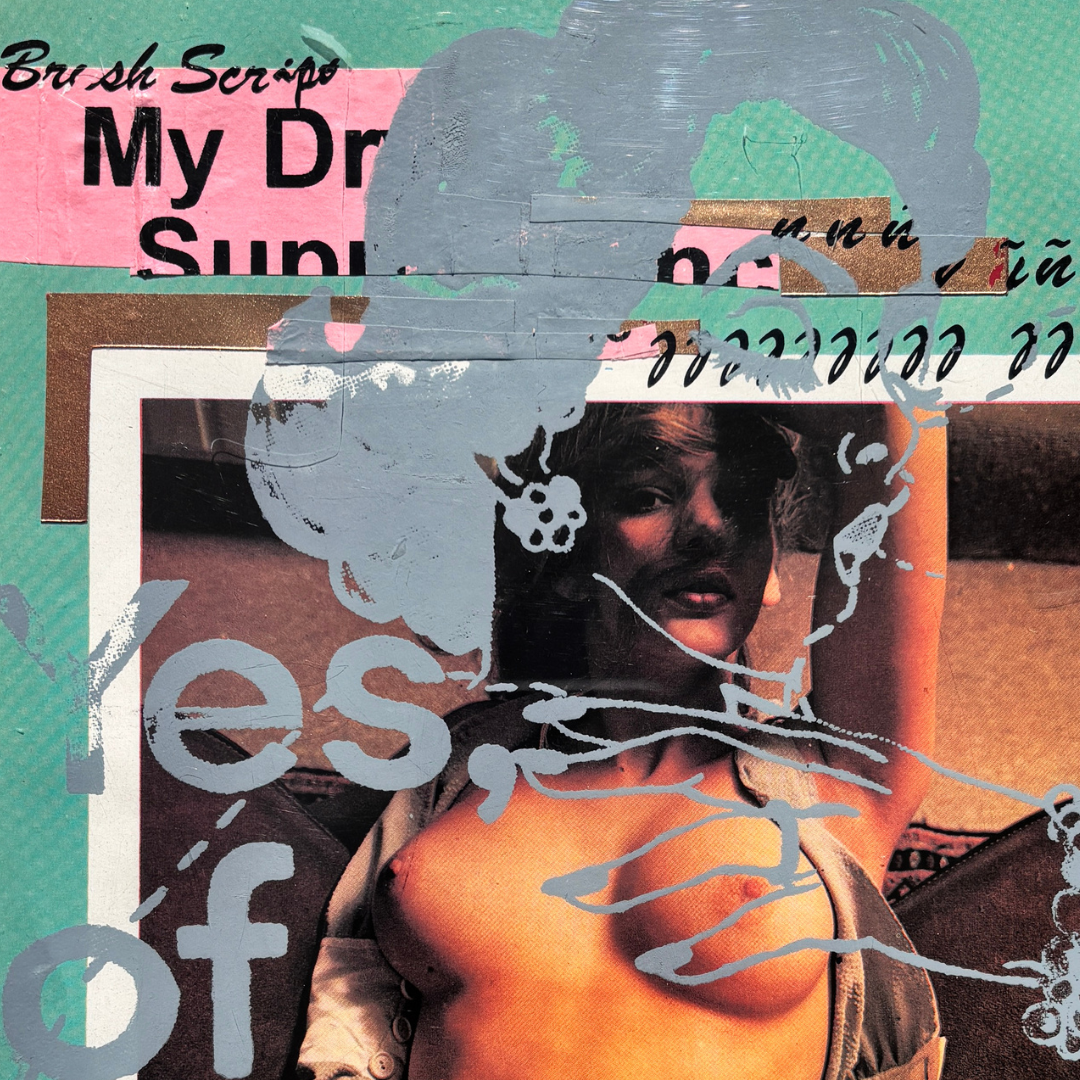 A collage featuring a dated photo of a woman with short hair and a bright expression, partially obscured by layered torn and painted text, graphics, and stickers, with elements referencing social media icons and handwritten notes in black ink.
