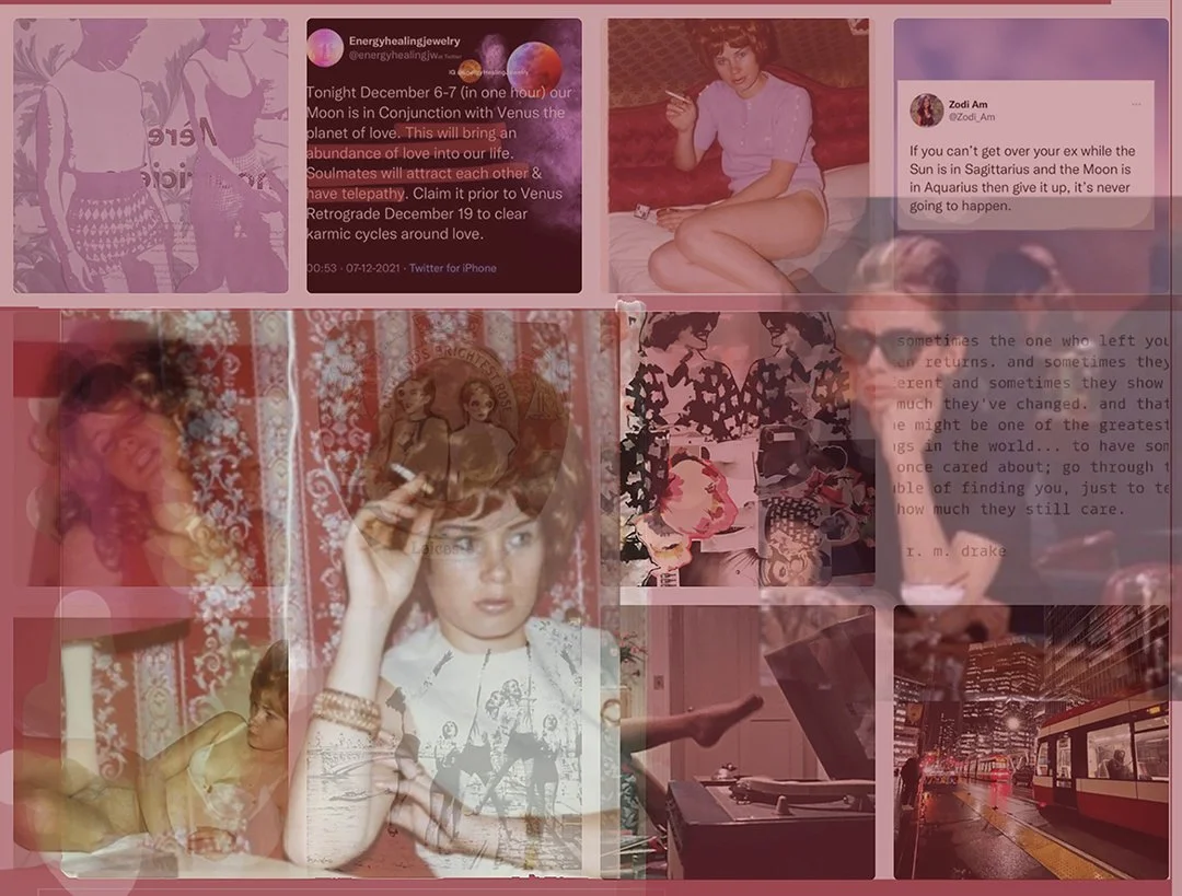 A collage of various images including people, text, and cityscape. It features a woman with curly hair, a woman lying down, a person playing a vinyl record player, and street scenes with trains, overlaid with text messages and colorful backgrounds.