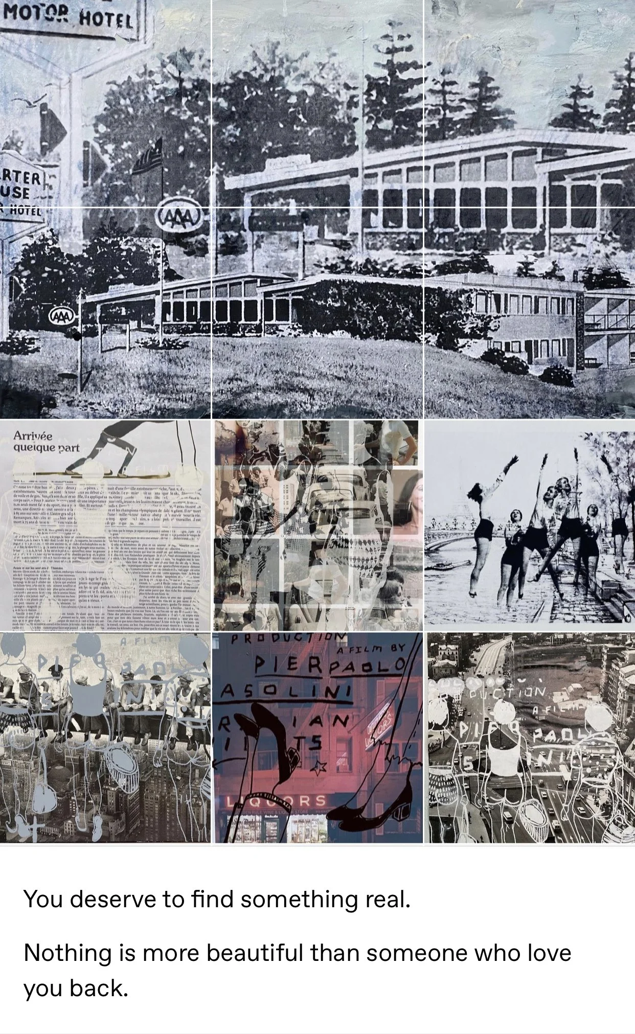 Collage of black-and-white and colored vintage photographs and illustrations, including scenes of people at the beach, cityscape, and gatherings, with some text overlay and handwritten notes.