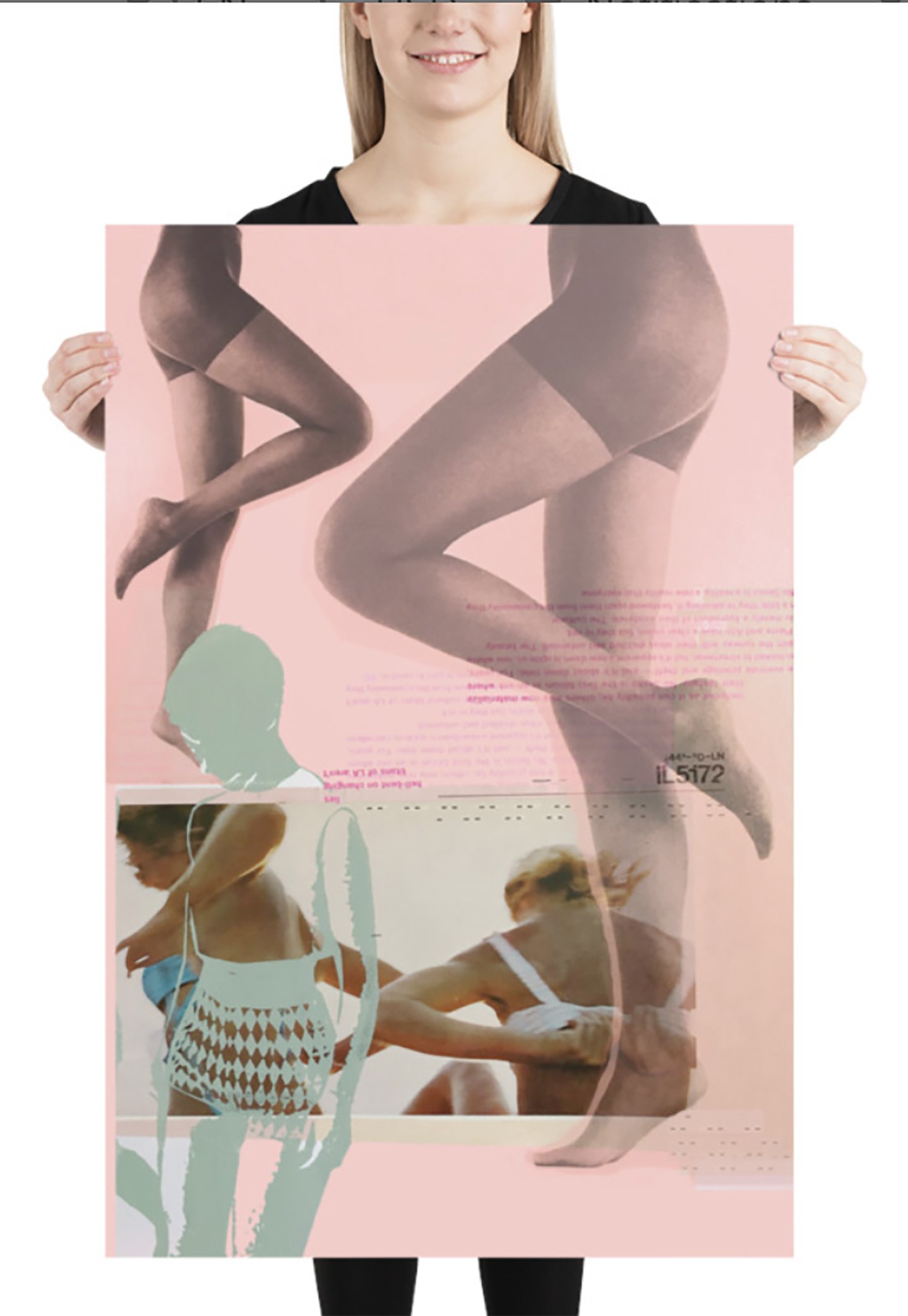 A person is holding a magazine or poster featuring images of women in stockings and swimsuits, with some portions obscured by pink and pastel-colored graphic overlays.