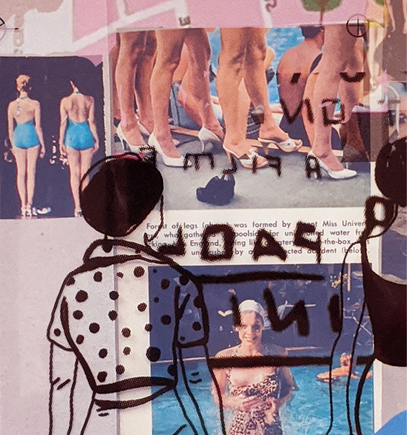 Collage of photos including women's swimwear, legs in high heels, a woman by the pool, and a woman in a swimsuit, overlaid with black marker drawings and text.