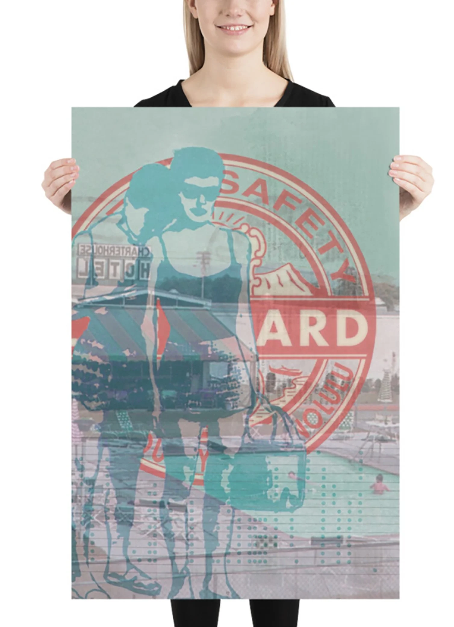 A powerful graphic art piece titled 'Safety First' from the Goldengen Print collection. This mixed-media artwork features a central figure holding a protest-style sign with bold 'SAFETY' and 'FUTURE' typography, set against a nostalgic cityscape and 