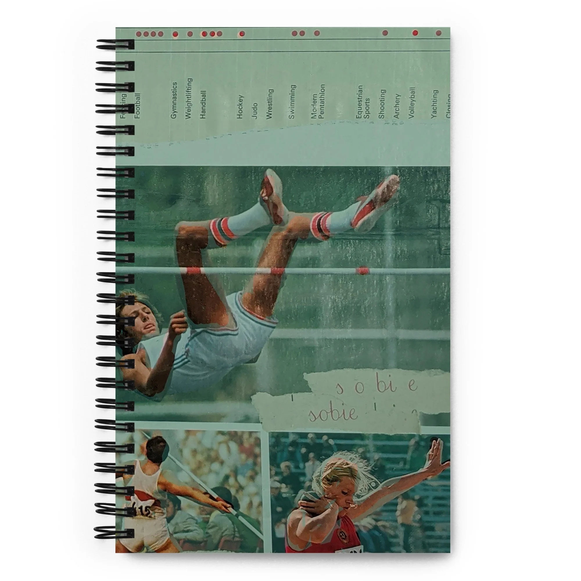 Notebook with a mixed-media collage by Goldengen Print, featuring authentic archival imagery from the 1976 Montreal Olympics.