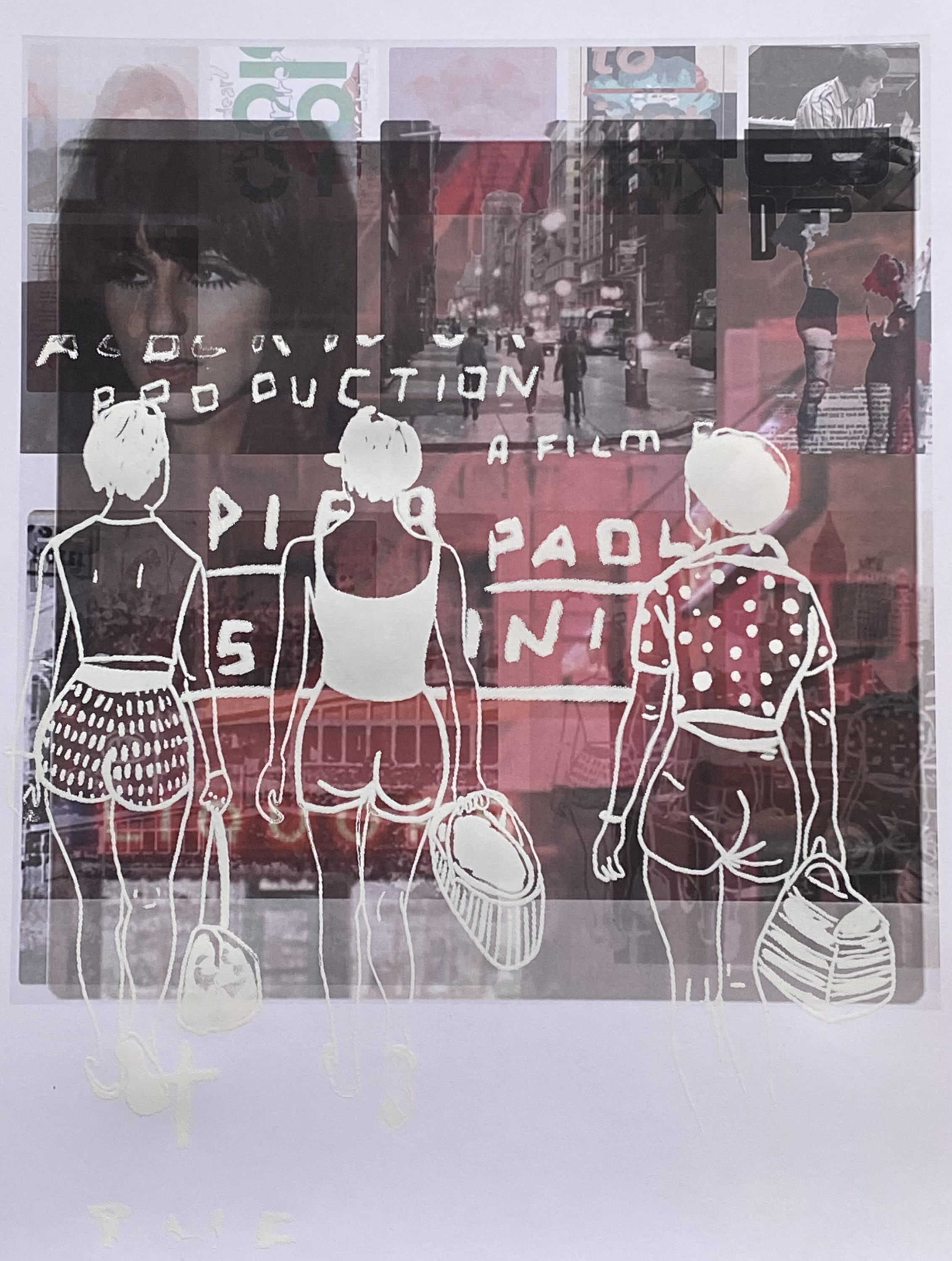 A layered image showing a street scene with people walking, including a woman playing piano, and a black and white photo of a woman with short hair. There are multiple layers creating a collage effect.