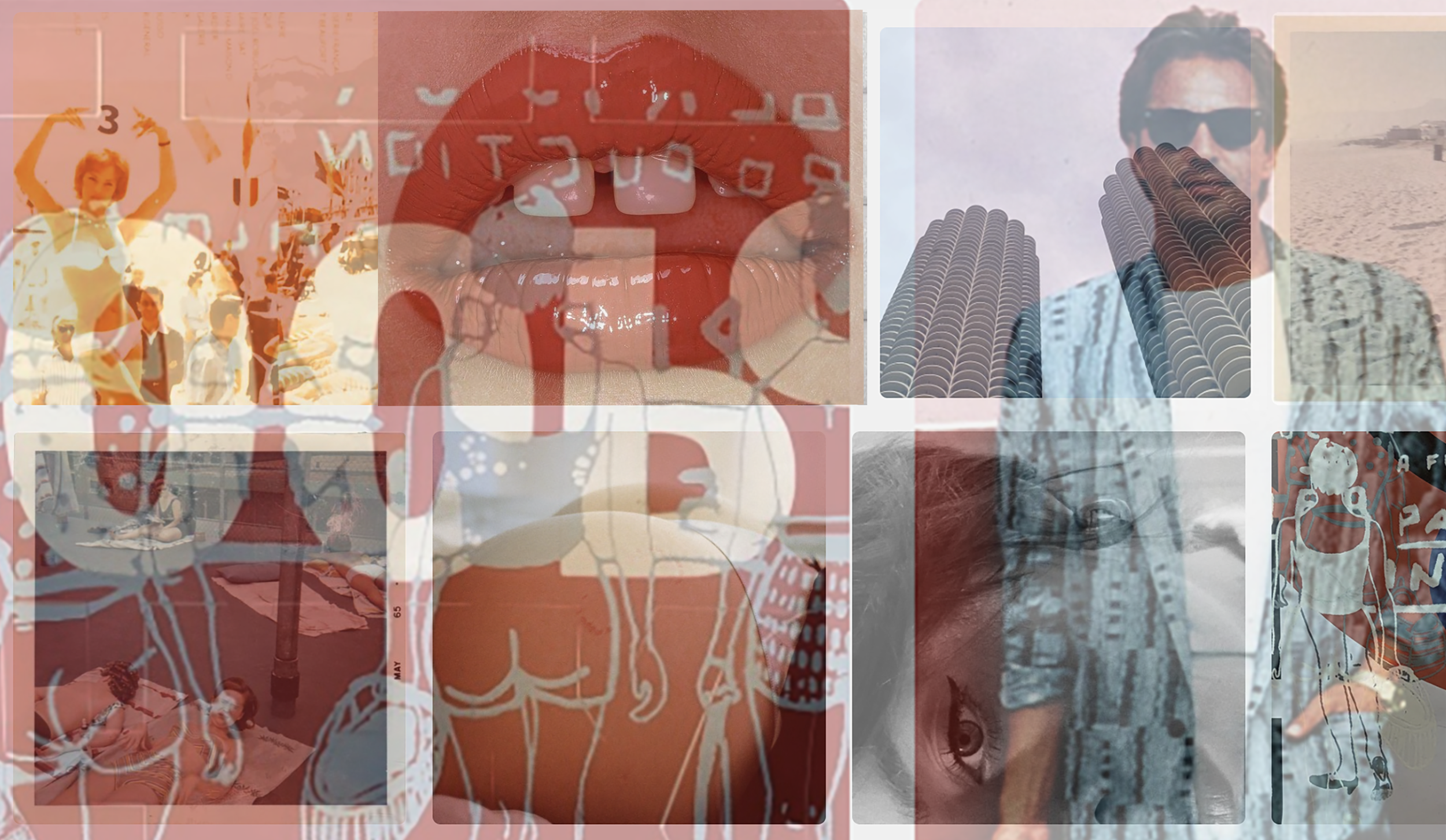 A collage of various images including a woman at the beach with her arms raised, lips with teeth showing, a man wearing sunglasses near the beach, a person in a swimsuit lying on the sand, and architectural structures like tall buildings.
