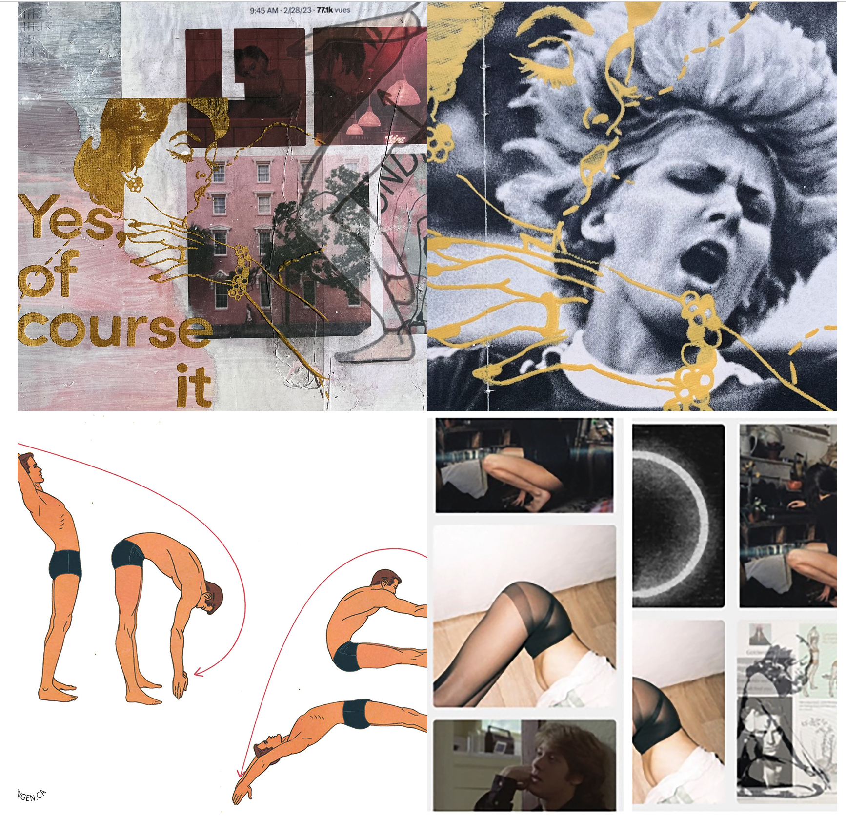 A vibrant mixed-media collage from the 'Excel the Body' collection by Goldengen Print. This artwork blends retro athletic energy with modern abstract textures, featuring bold yellow accents, vintage photography of athletes, and the empowering phrase 