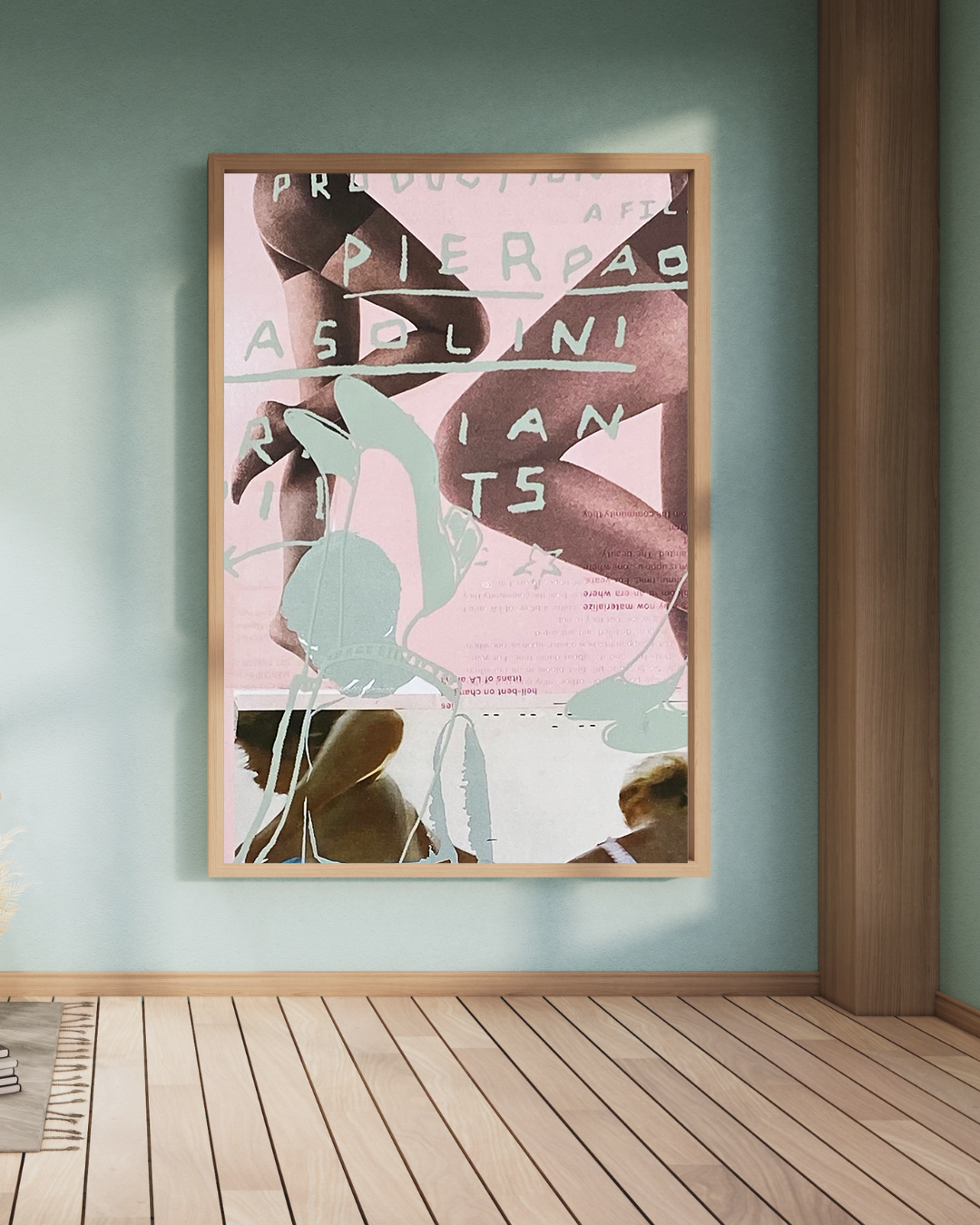 "An evocative mixed-media piece from the Goldengen Print collection, showcased in a natural wooden frame against a mint green wall. This contemporary artwork layers vintage photography with botanical elements and abstract textures, creating a serene 