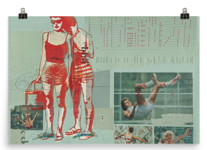 Collage featuring a stylized illustration of two women holding shopping bags, a pole vaulter in mid-air, and smaller images of athletes in various sports.