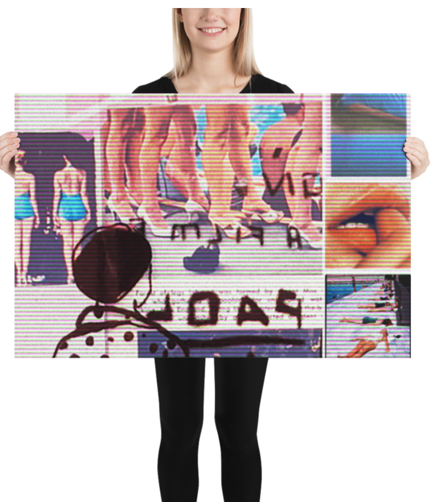 Woman holding a collage of fashion and beach photos, including lingerie, swimsuits, and a person reaching out with a towel.