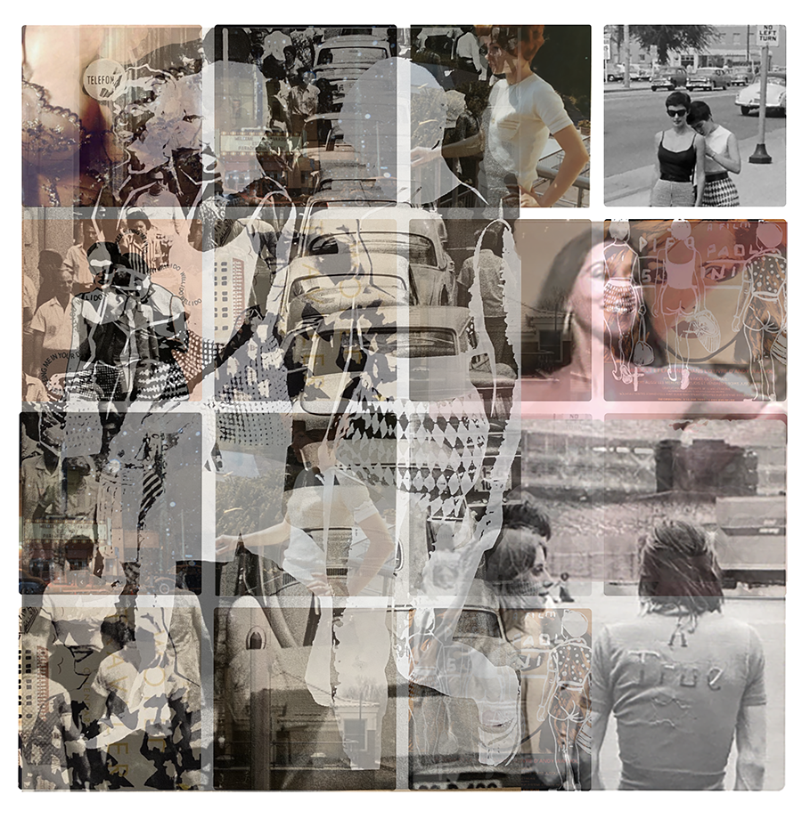 Collage of black and white and color photos depicting women walking, talking, and sitting in urban settings, with cars and city streets visible.