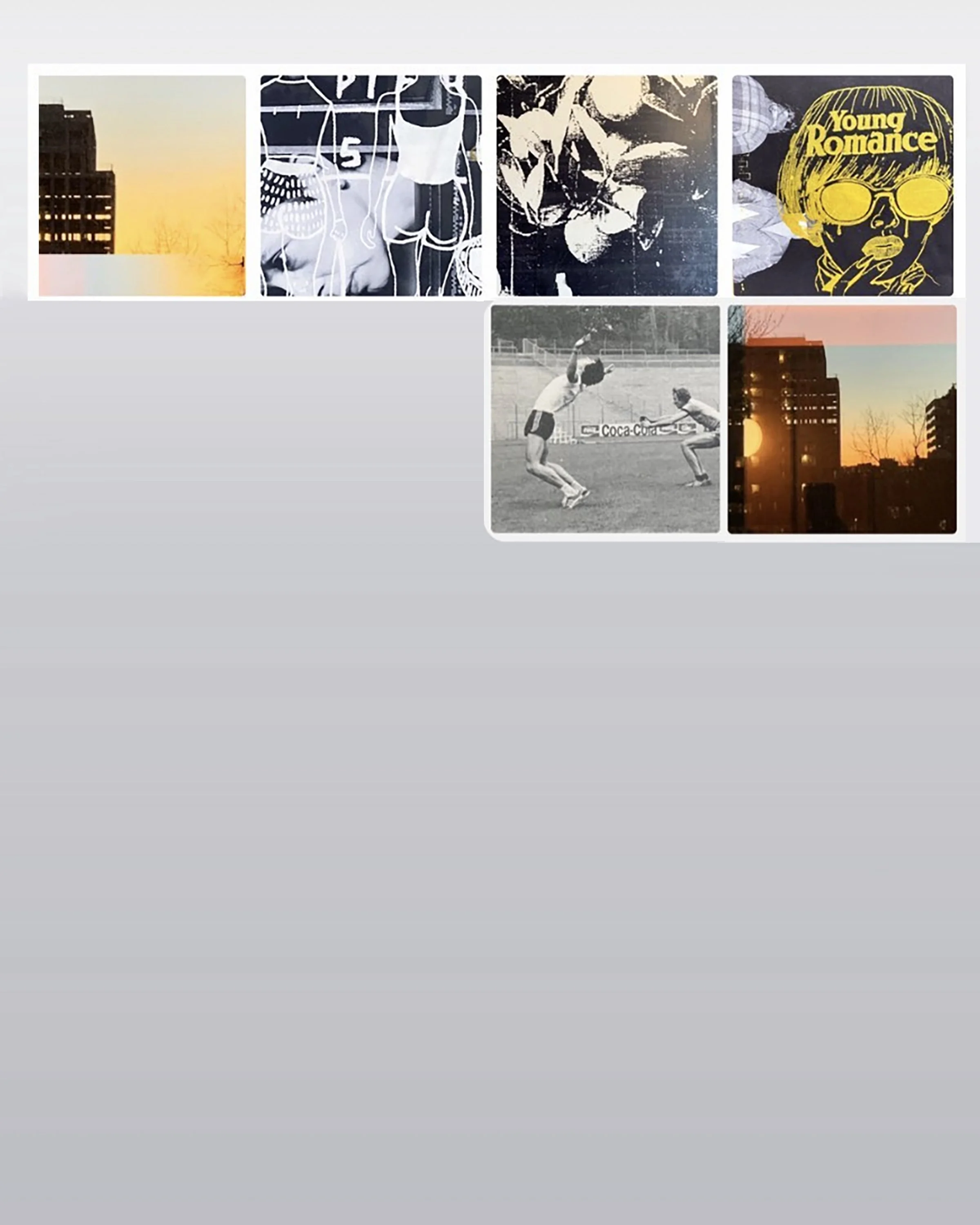 A collage of seven images featuring cityscapes, artwork, and people. The images include buildings at sunrise or sunset, a graffiti-style mural, a black and white photo of two people on a running track, and a colored photo of two athletes during a gam