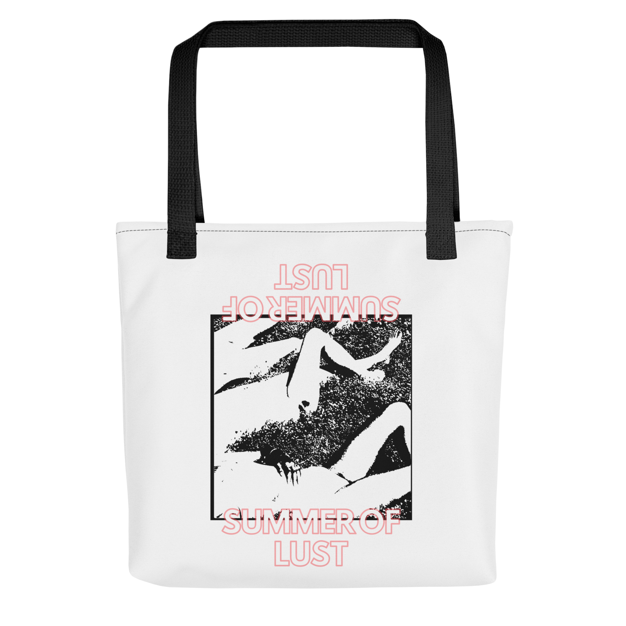 A white tote bag with black handles and red text that reads "SUMMER OF LUST" along with a graphic of a woman's face and hand in a black and white distressed style.